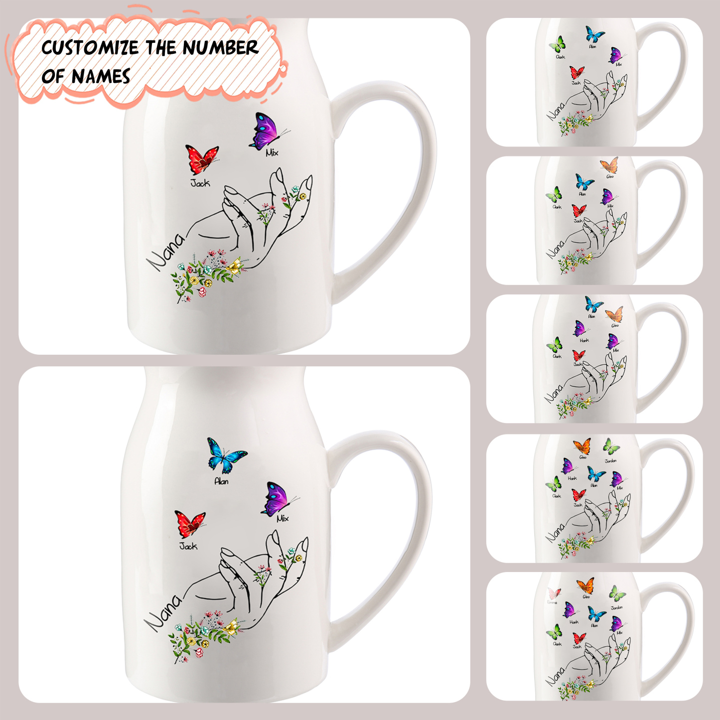 7 Names - Personalized Exquisite Flower Hand Butterfly Style Ceramic Cup With Customizable Names As a Special Gift For Nana/Mom