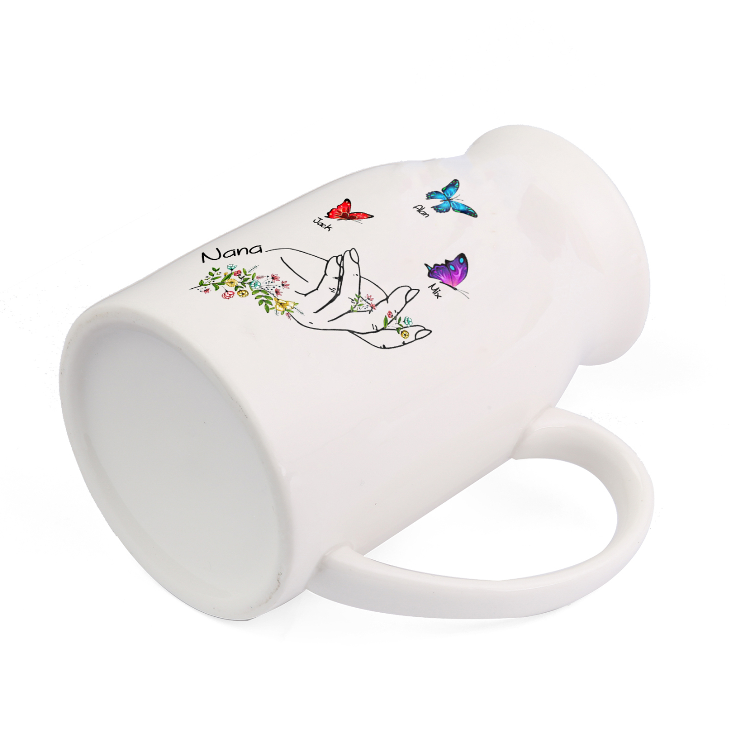 3 Names - Personalized Exquisite Flower Hand Butterfly Style Ceramic Cup With Customizable Names As a Special Gift For Mom