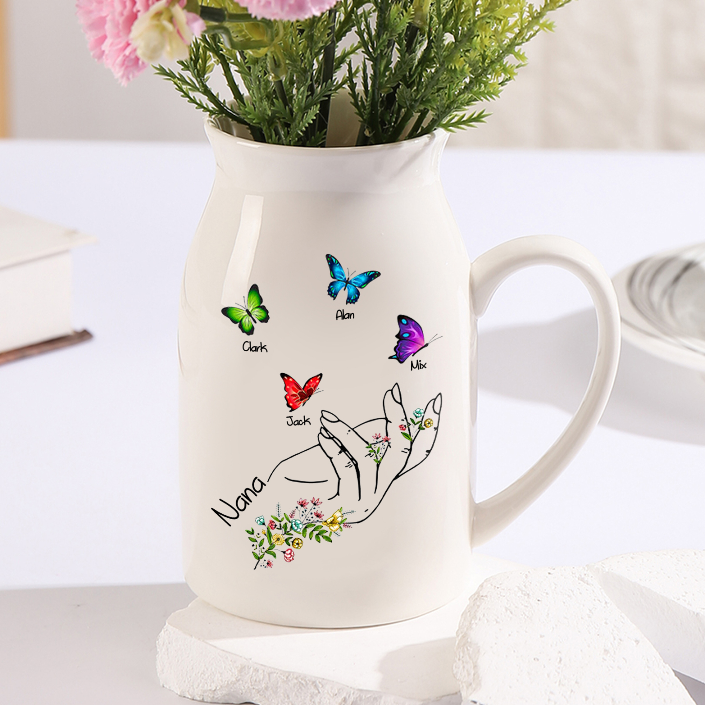 4 Names - Personalized Exquisite Flower Hand Butterfly Style Ceramic Cup With Customizable Names As a Special Gift For Nana/Mom