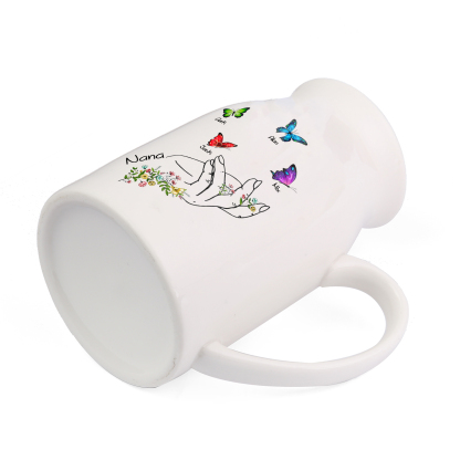 4 Names - Personalized Exquisite Flower Hand Butterfly Style Ceramic Cup With Customizable Names As a Special Gift For Nana/Mom
