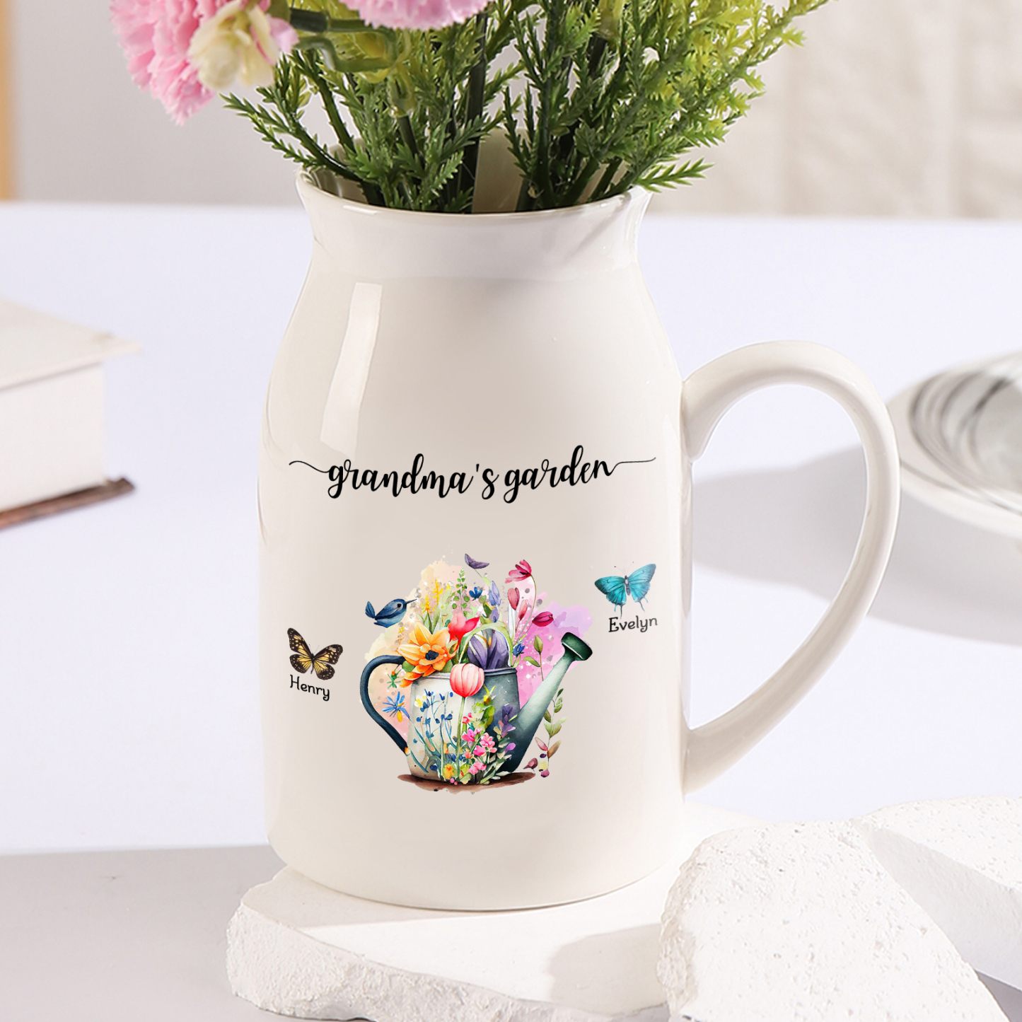 2 Names - Personalized Name "Grandma's Garden" Ceramic Vase as a Gift for Grandma