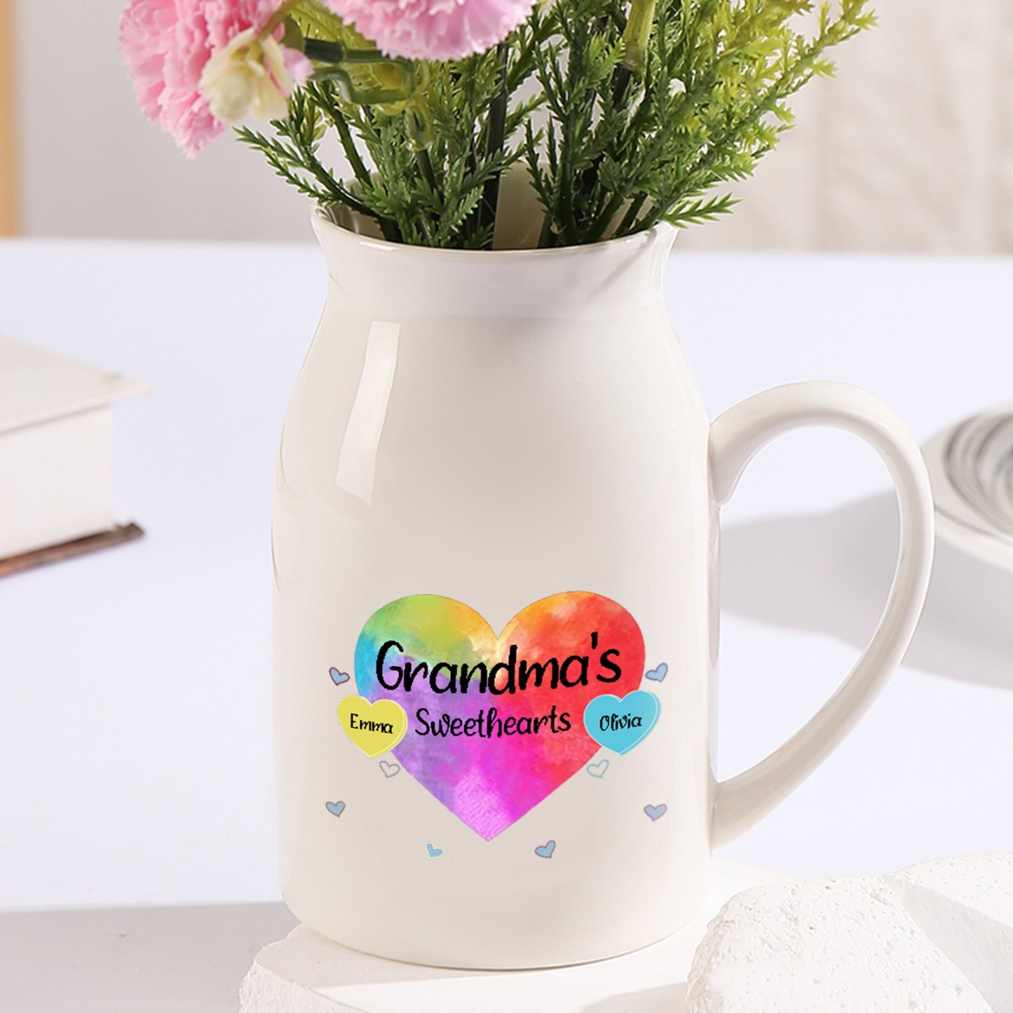 2 Names - Personalized Customizable Name Colorful Love Heart Style Ceramic Vase as a Gift for Grandma