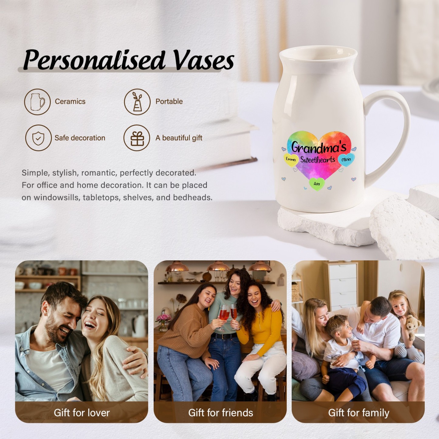 3 Names - Personalized Customizable Name Colorful Love Heart Style Ceramic Vase as a Gift for Grandma