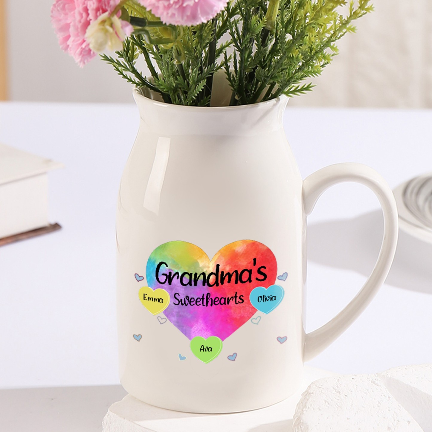 3 Names - Personalized Customizable Name Colorful Love Heart Style Ceramic Vase as a Gift for Grandma