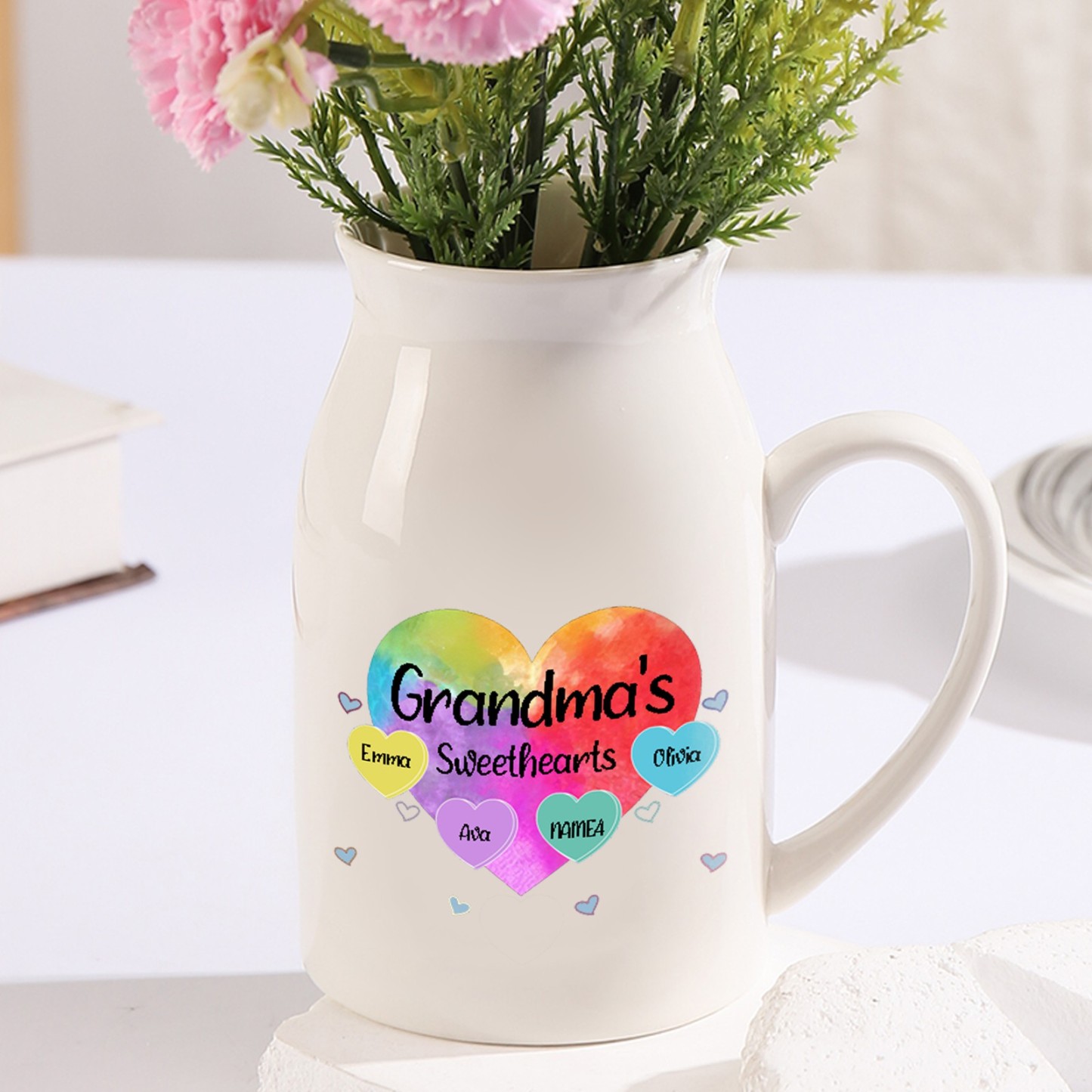 4 Names - Personalized Customizable Name Colorful Love Heart Style Ceramic Vase as a Gift for Grandma