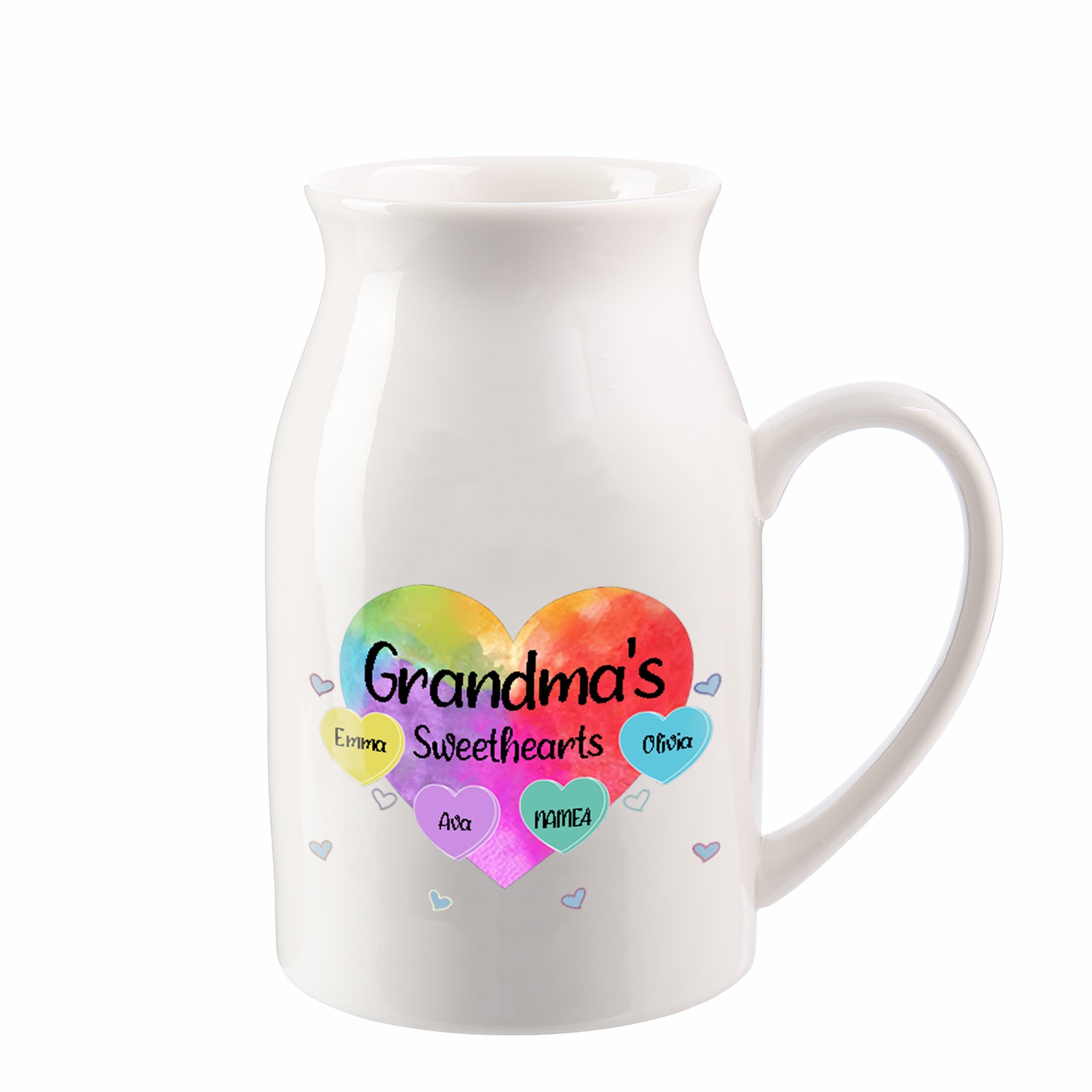 4 Names - Personalized Customizable Name Colorful Love Heart Style Ceramic Vase as a Gift for Grandma