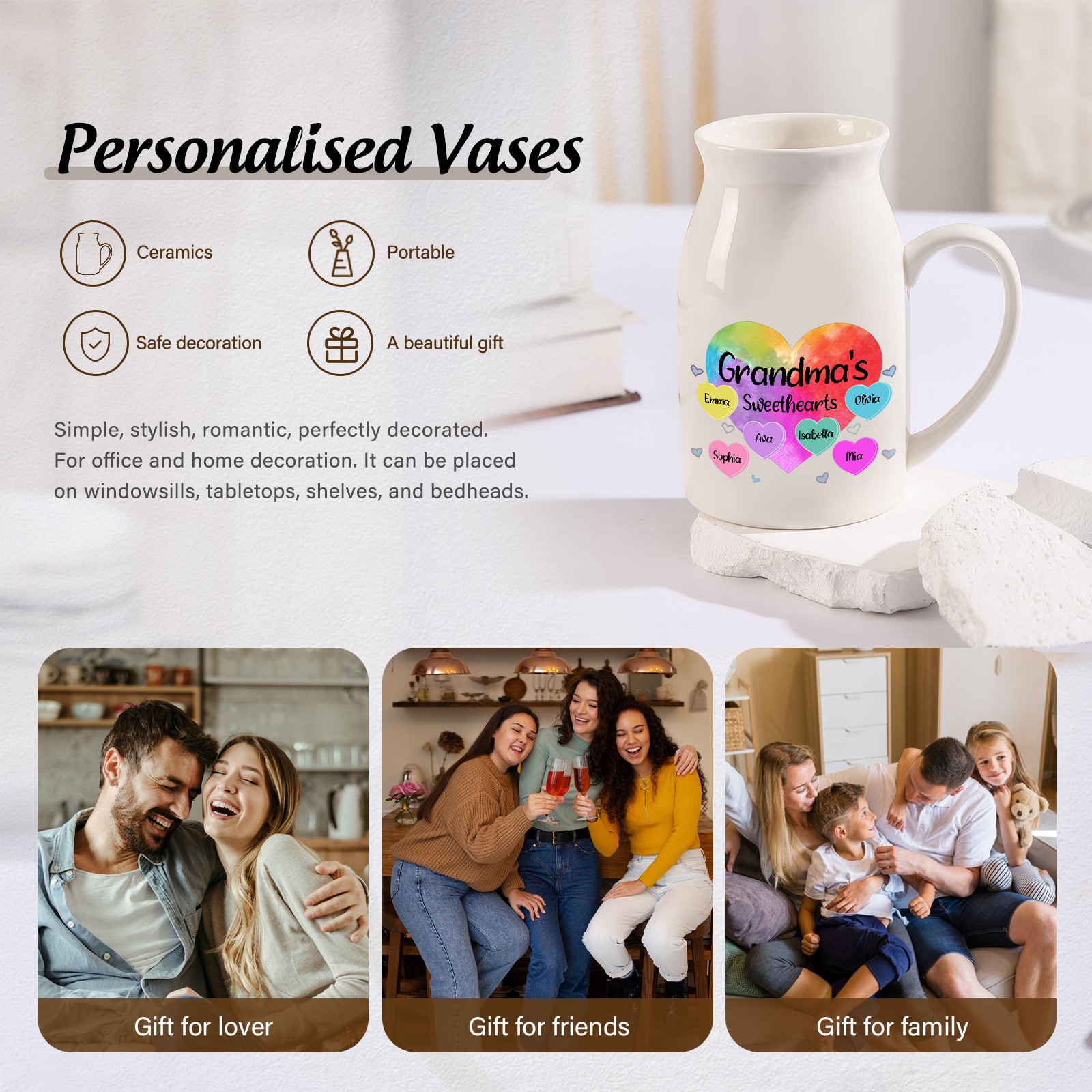 6 Names - Personalized Customizable Name Colorful Love Heart Style Ceramic Vase as a Gift for Grandma