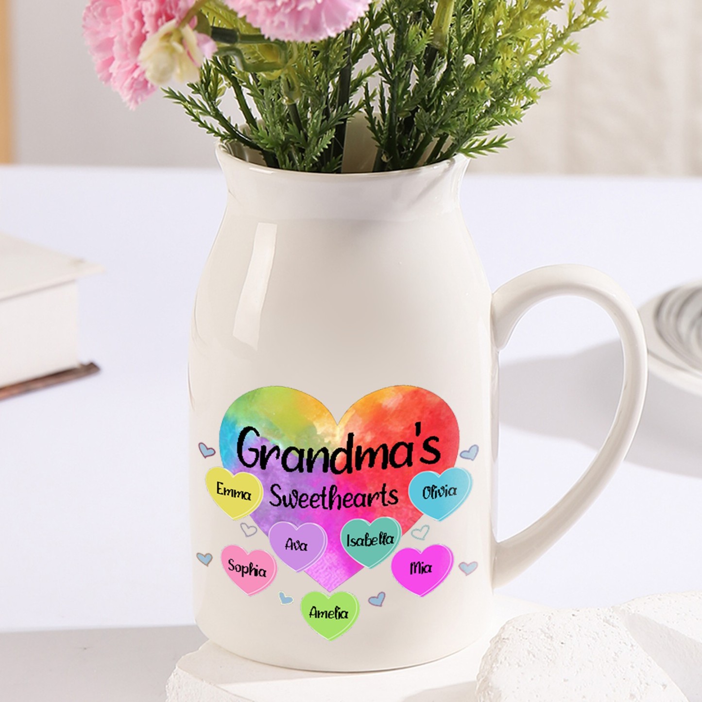 7 Names - Personalized Customizable Name Colorful Love Heart Style Ceramic Vase as a Gift for Grandma