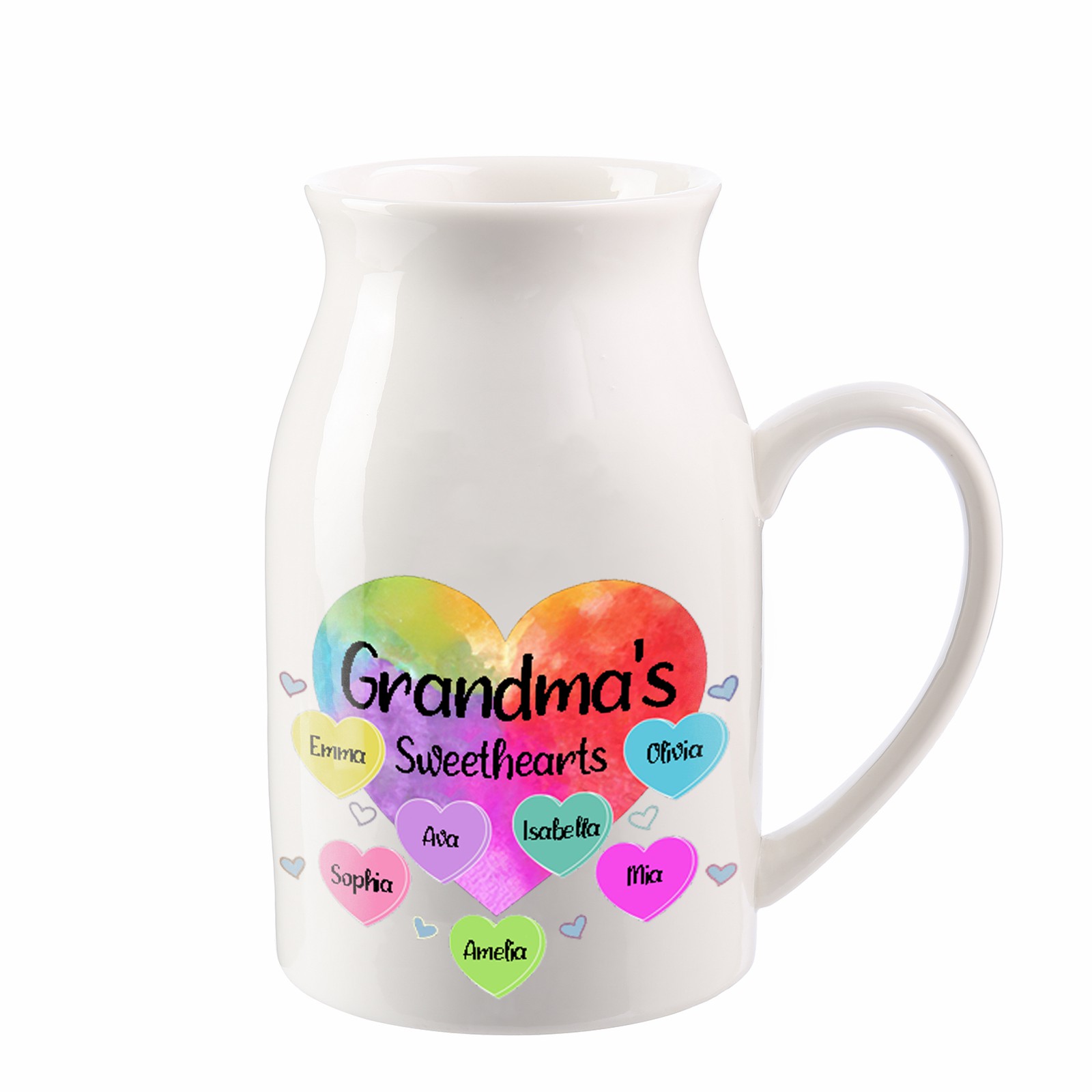 7 Names - Personalized Customizable Name Colorful Love Heart Style Ceramic Vase as a Gift for Grandma