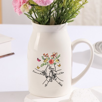 4 Names - Personalized Beautiful Flower Hand Butterfly Style Ceramic Vase with Customizable Names As a Mother's Day Gift For Grandma/Mom
