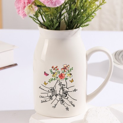 7 Names - Personalized Beautiful Flower Hand Butterfly Style Ceramic Vase with Customizable Names As a Mother's Day Gift For Grandma/Mom