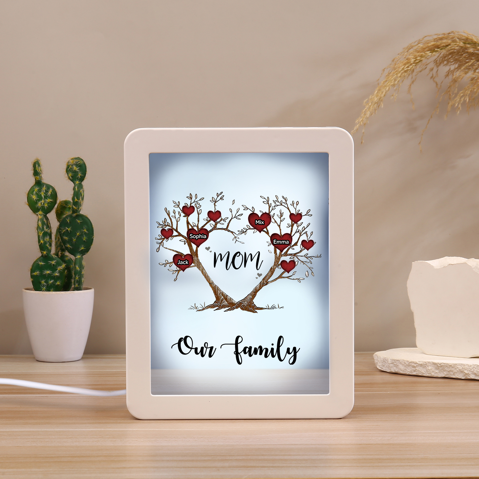 4 Names - Personalized Home Mirror Photo Frame Night Light Insert/Rechargeable Custom Text LED Night Light Gift for Mom