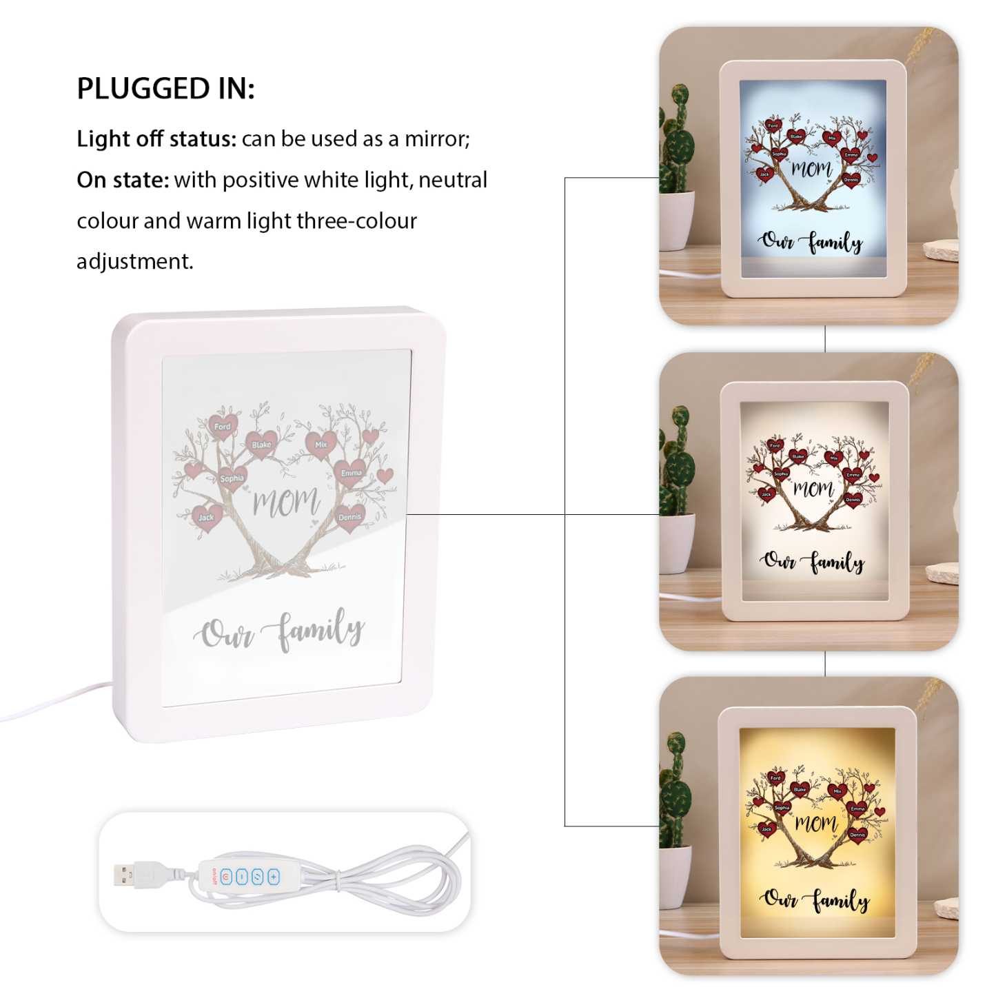 7 Names - Personalized Home Mirror Photo Frame Night Light Insert/Rechargeable Custom Text LED Night Light Gift for Mom