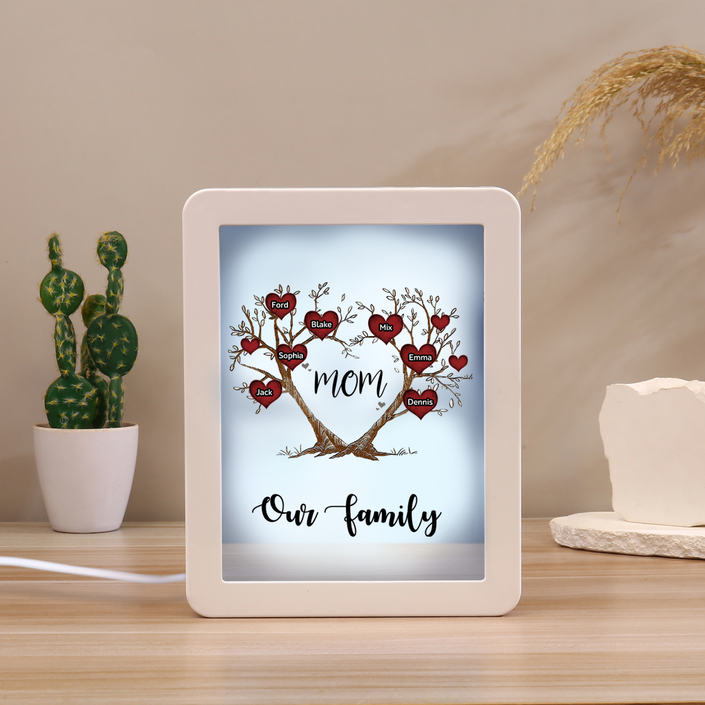 7 Names - Personalized Home Mirror Photo Frame Night Light Insert/Rechargeable Custom Text LED Night Light Gift for Mom