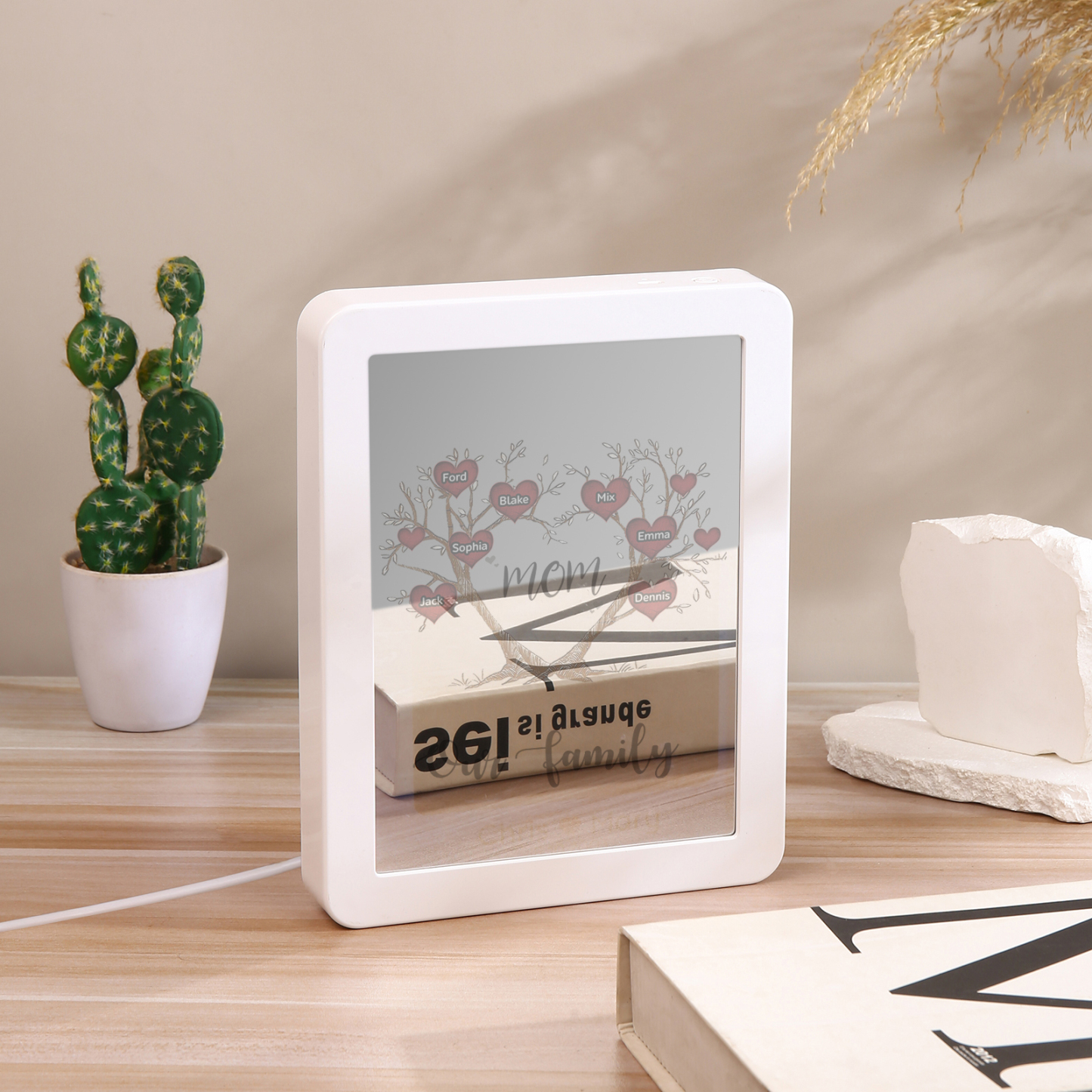 7 Names - Personalized Home Mirror Photo Frame Night Light Insert/Rechargeable Custom Text LED Night Light Gift for Mom