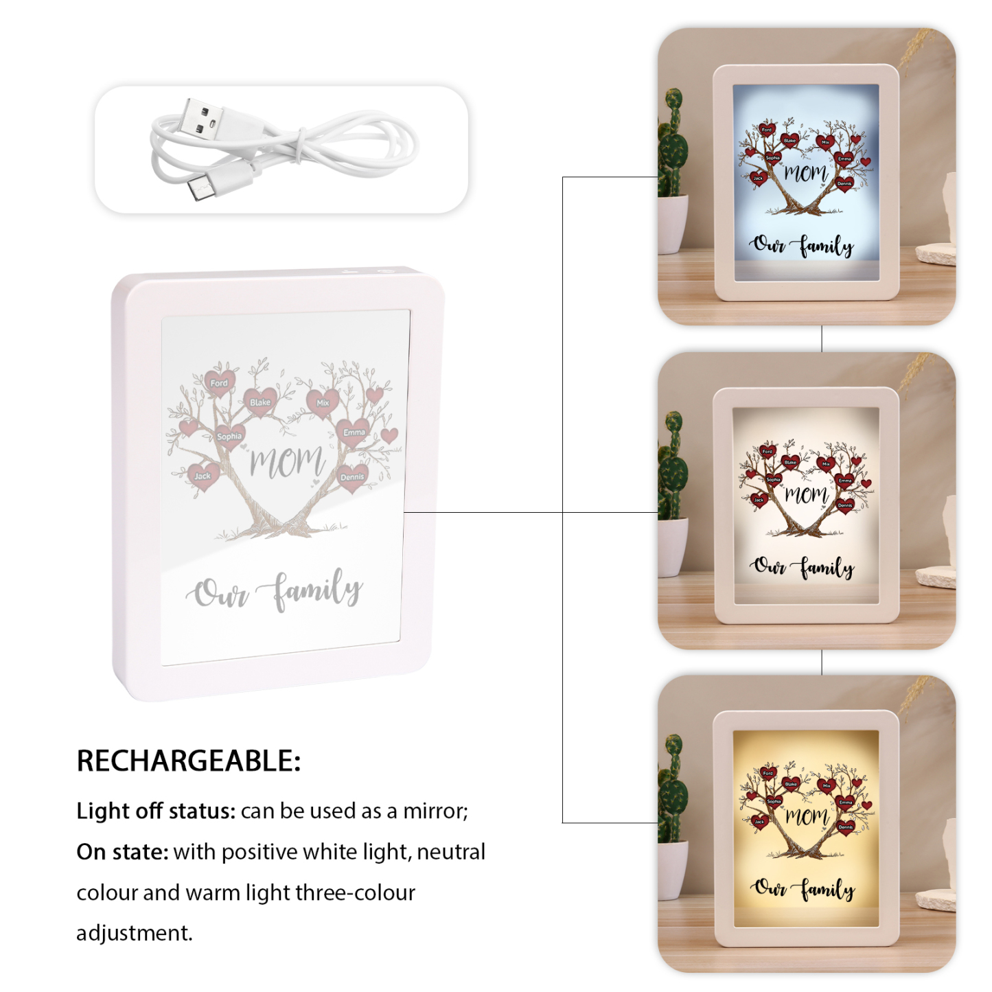 7 Names - Personalized Home Mirror Photo Frame Night Light Insert/Rechargeable Custom Text LED Night Light Gift for Mom