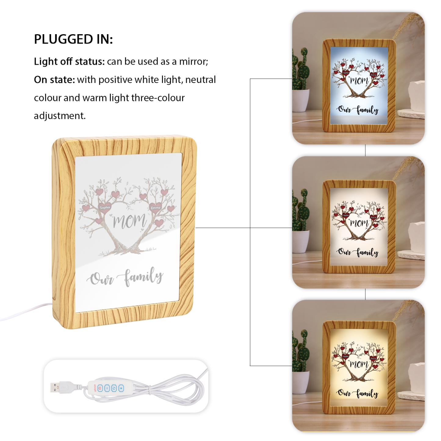 2 Names - Personalized Home Mirror Photo Frame Night Light Insert/Rechargeable Custom Text LED Night Light Gift for Mom