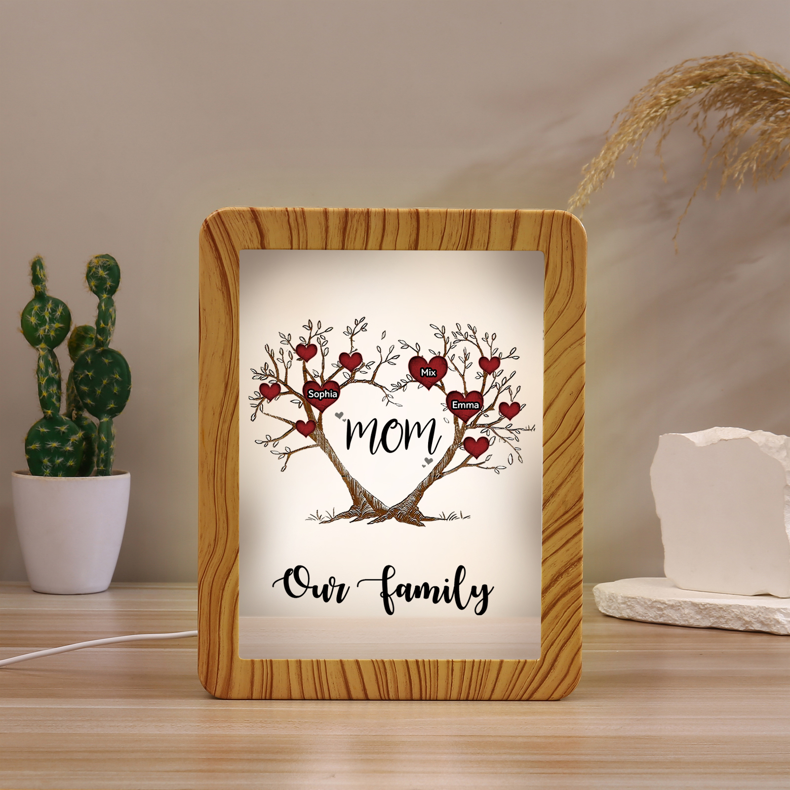 3 Names - Personalized Home Mirror Photo Frame Night Light Insert/Rechargeable Custom Text LED Night Light Gift for Mom