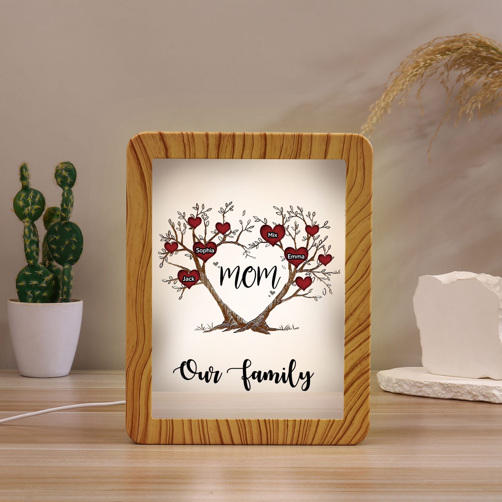 4 Names - Personalized Home Mirror Photo Frame Night Light Insert/Rechargeable Custom Text LED Night Light Gift for Mom
