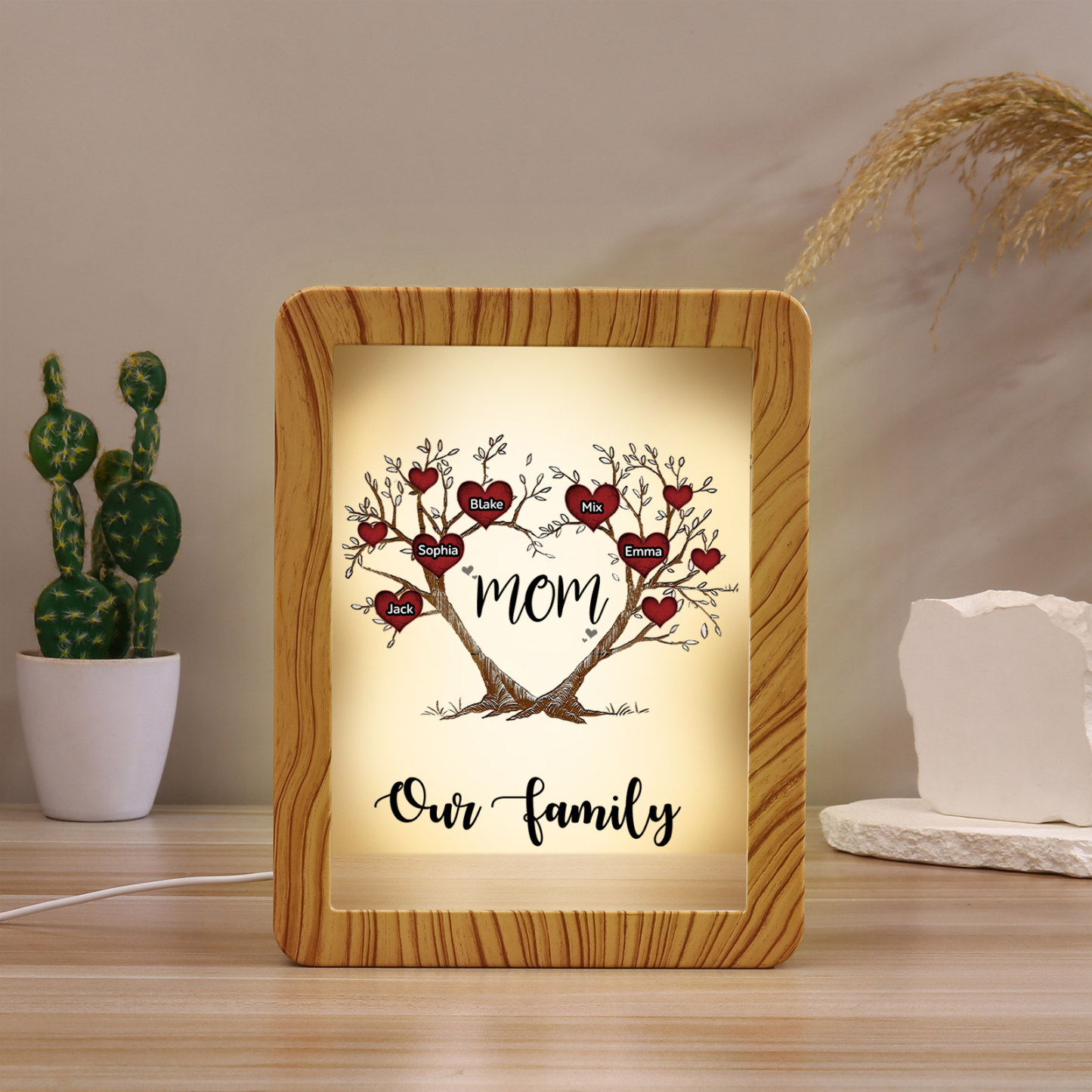 5 Names - Personalized Home Mirror Photo Frame Night Light Insert/Rechargeable Custom Text LED Night Light Gift for Mom