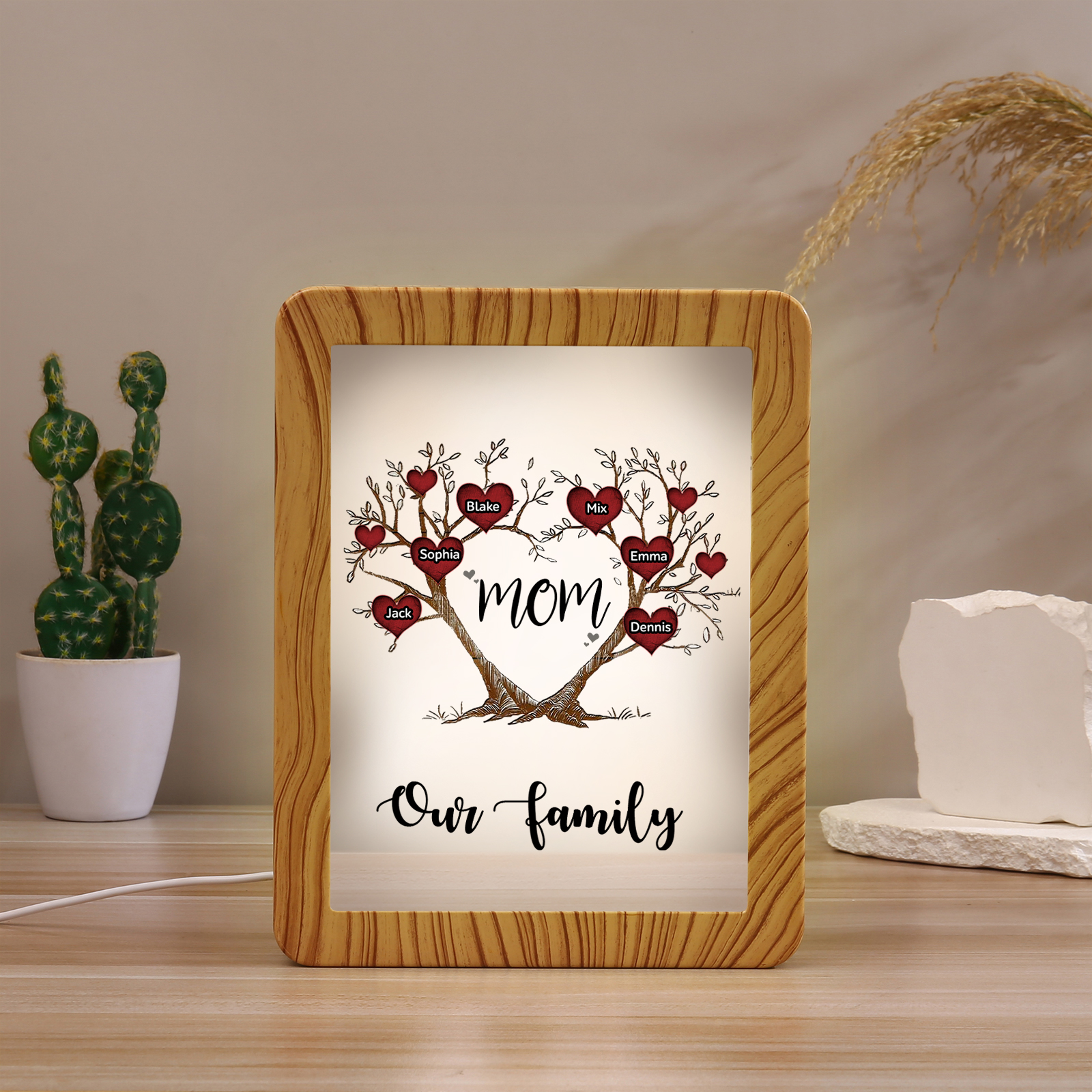 6 Names - Personalized Home Mirror Photo Frame Night Light Insert/Rechargeable Custom Text LED Night Light Gift for Mom