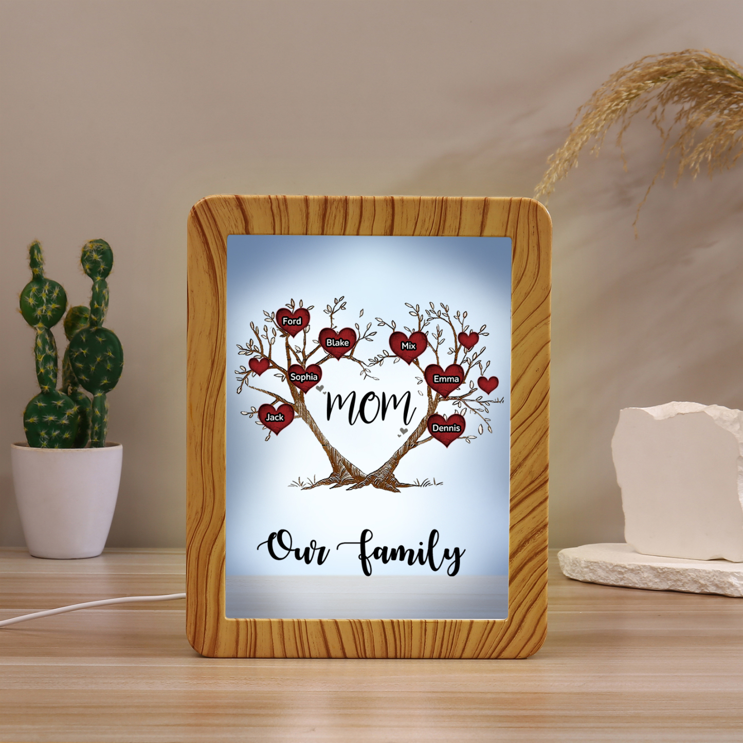 7 Names - Personalized Home Mirror Photo Frame Night Light Insert/Rechargeable Custom Text LED Night Light Gift for Mom