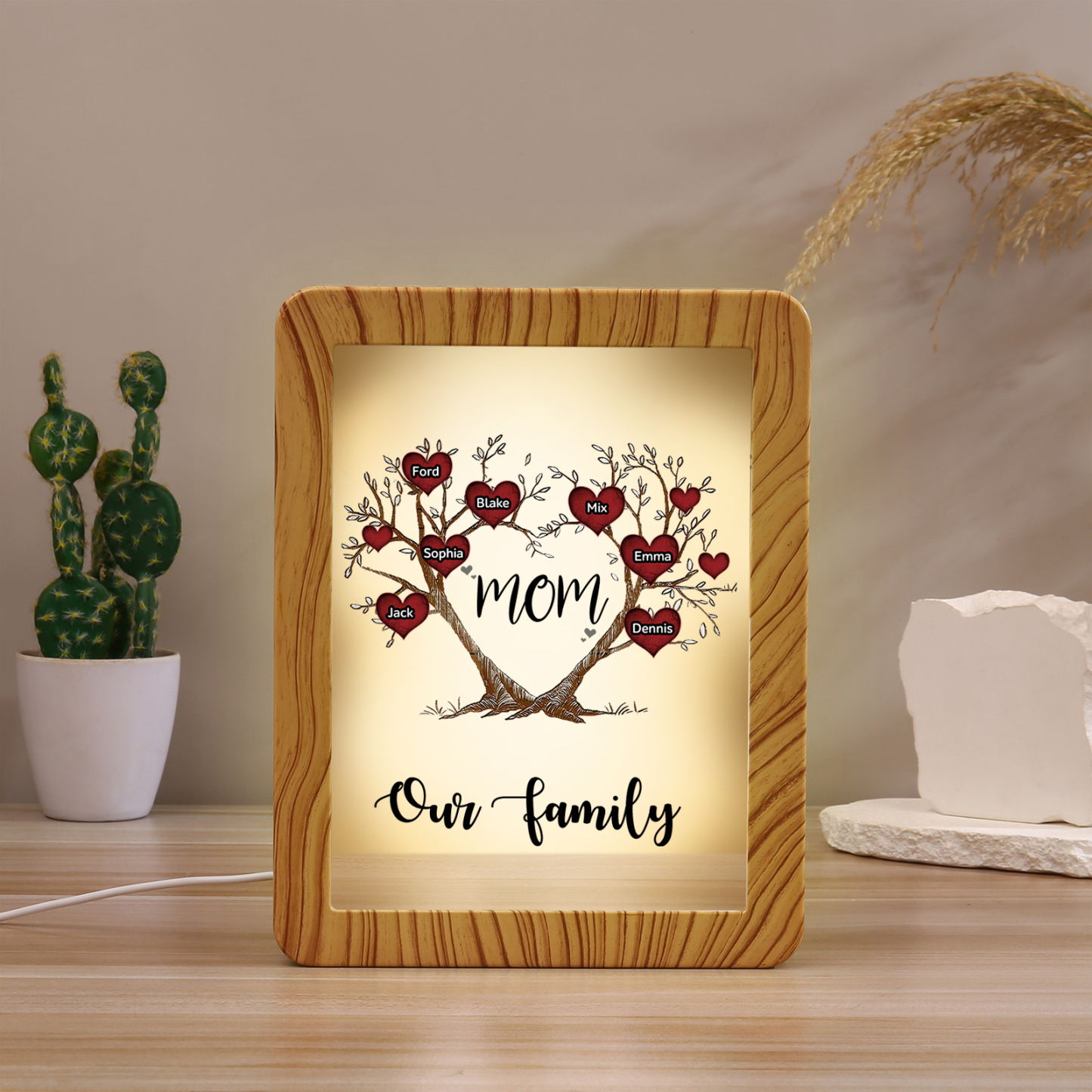 7 Names - Personalized Home Mirror Photo Frame Night Light Insert/Rechargeable Custom Text LED Night Light Gift for Mom