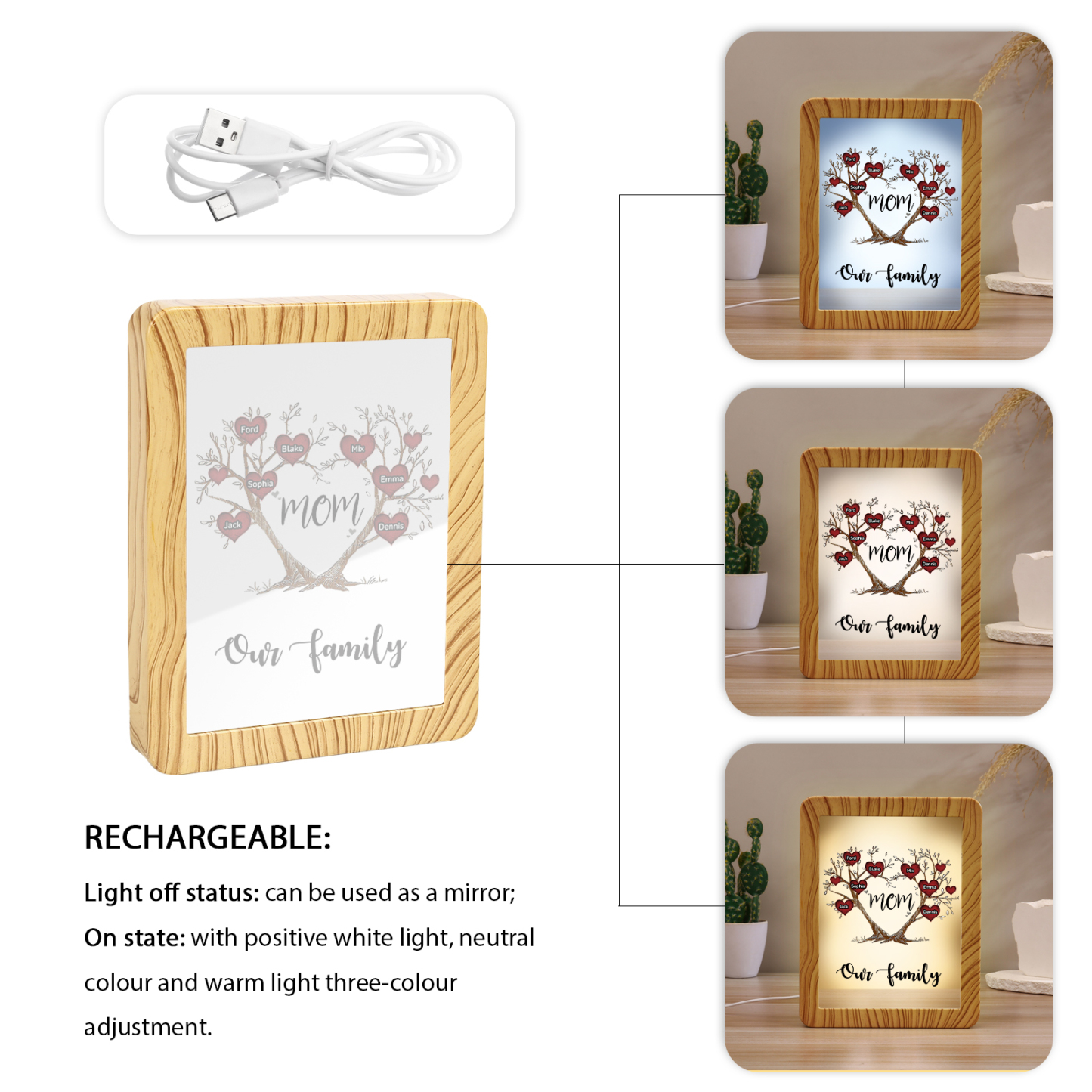 7 Names - Personalized Home Mirror Photo Frame Night Light Insert/Rechargeable Custom Text LED Night Light Gift for Mom