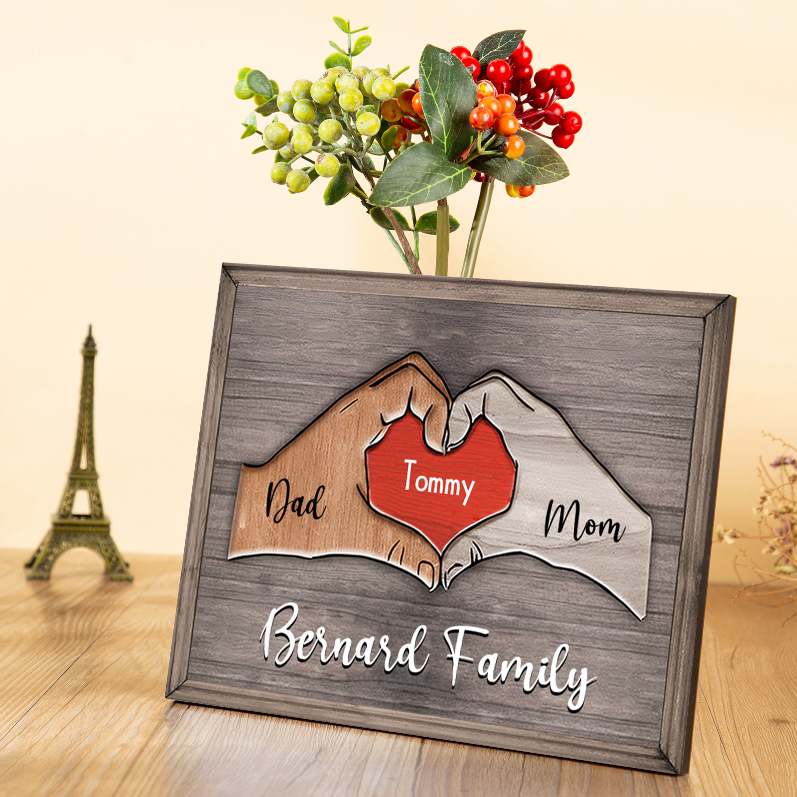 1 Name - Personalized Love Heart Customized Name and Text Wooden Ornament Father's Day Gift for Dad