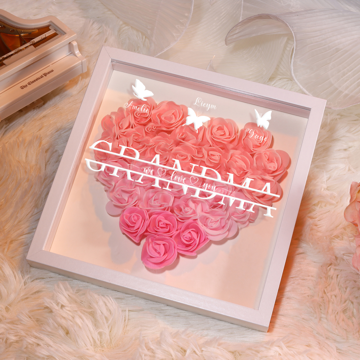 Personalized Flower Shadow Box Custom 3 Names & 1 Text Heart Rose Frame Decor Gift for Grandma | Jessmade