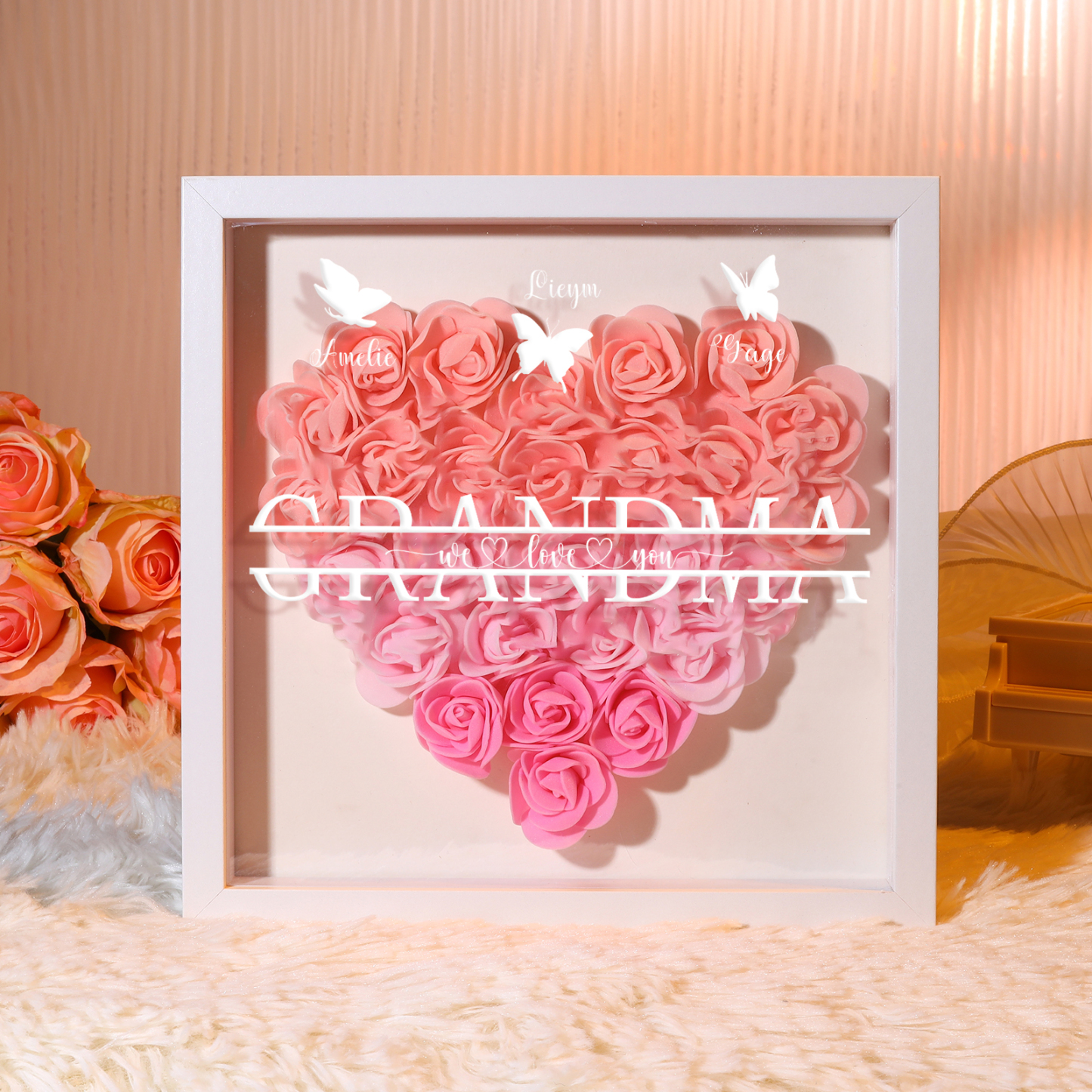 Personalized Flower Shadow Box Custom 3 Names & 1 Text Heart Rose Fram