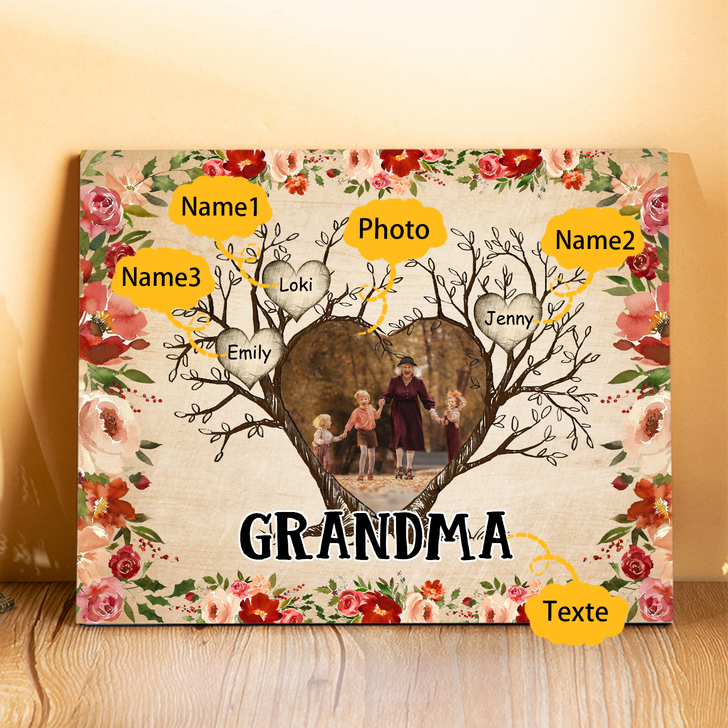 Personalised Family Tree Photo Frame - Custom 3 Name & Text Frame for Grandparents | Jessmade