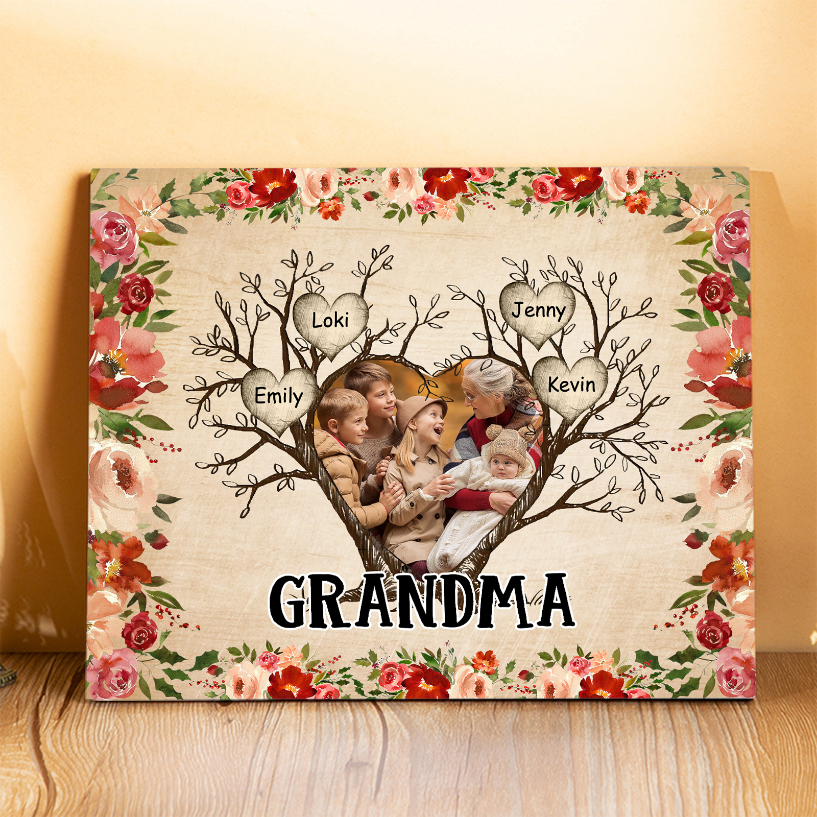 Personalised Family Tree Photo Frame - Custom 4 Names & Text Frame for Grandparents | Jessmade