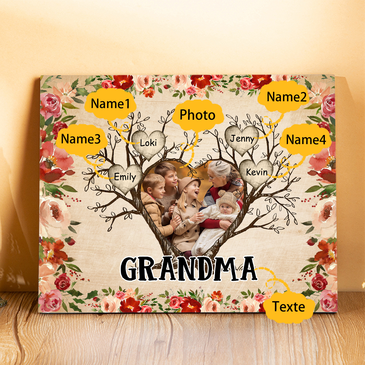 Personalised Family Tree Photo Frame - Custom 4 Names & Text Frame for Grandparents | Jessmade