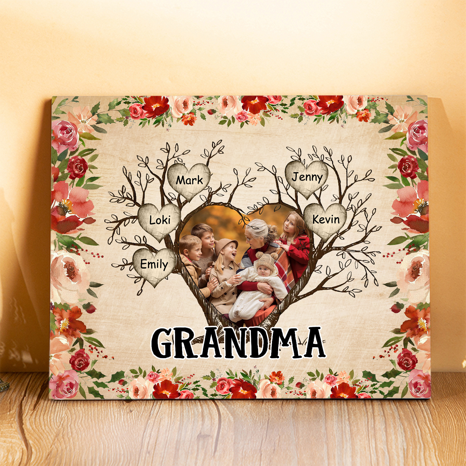 Personalised Family Tree Photo Frame - Custom 5 Names & Text Frame for Grandparents | Jessmade