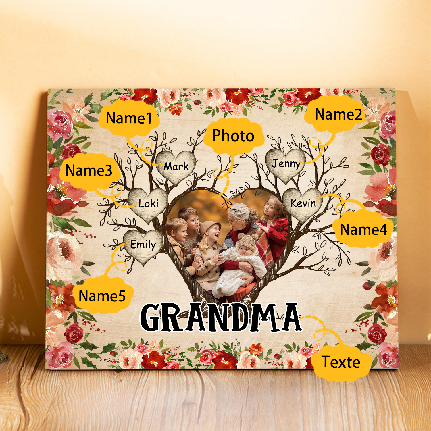 Personalised Family Tree Photo Frame - Custom 5 Names & Text Frame for Grandparents | Jessmade