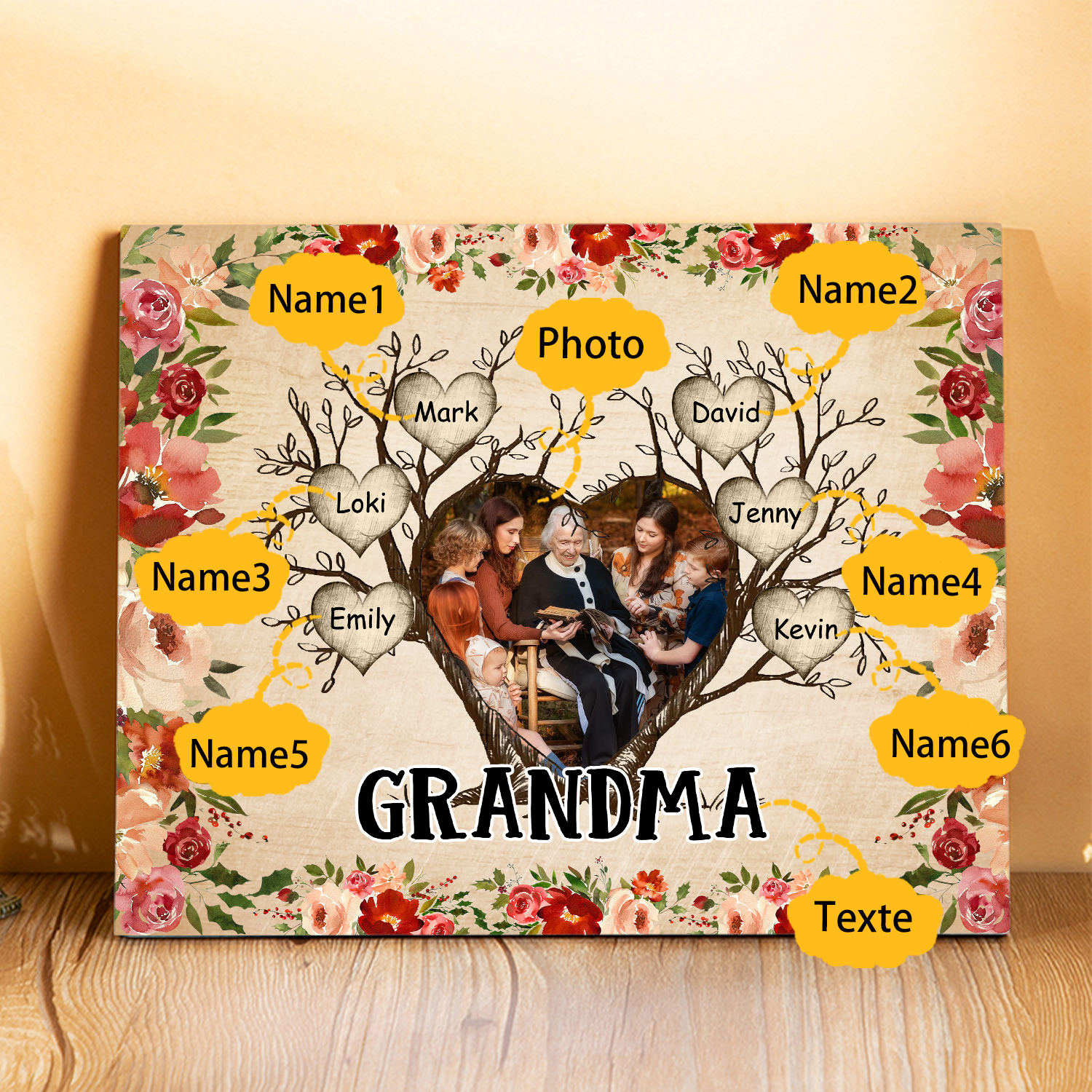 Personalised Family Tree Photo Frame - Custom 6 Names & Text Frame for Grandparents | Jessmade