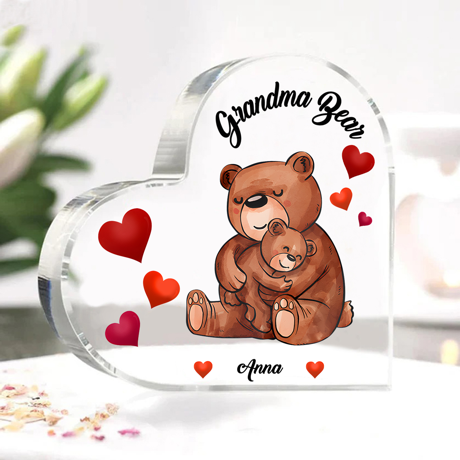 Personalised Heart-Shaped Acrylic Plaque with Bear Design - Customizable with 1 Name and Text For Nan | Jessmade