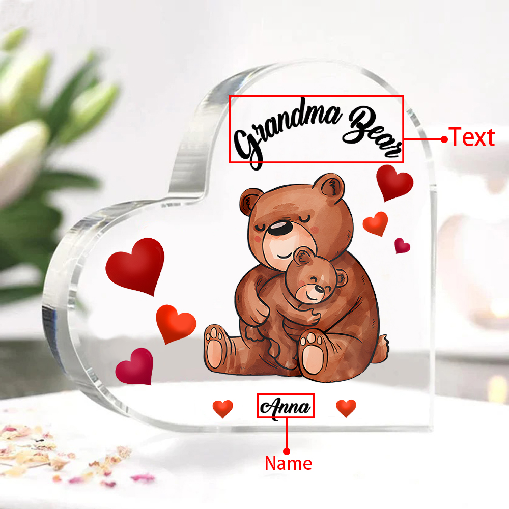 Personalised Heart-Shaped Acrylic Plaque with Bear Design - Customizable with 1 Name and Text For Nan | Jessmade