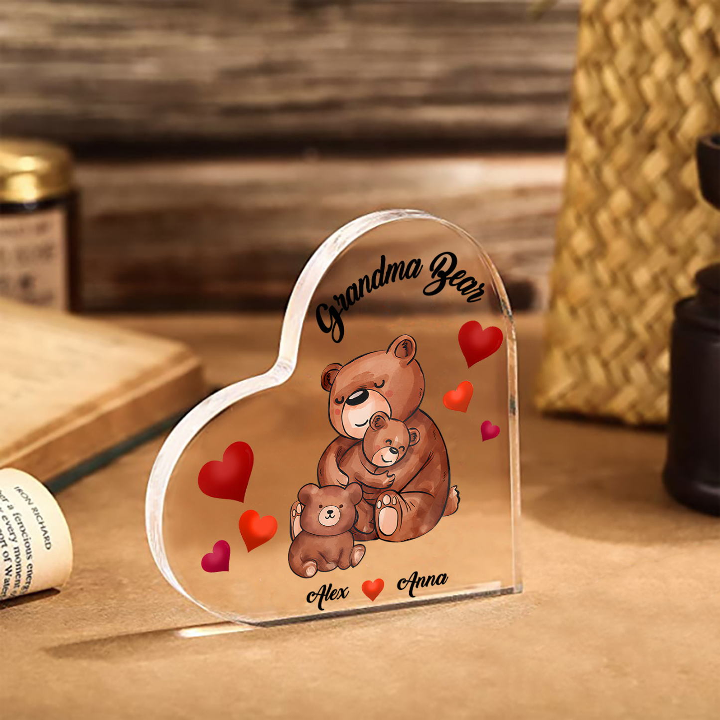 Personalised Heart-Shaped Acrylic Plaque Customizable with 2 Names and Text with Bear Design - For Nan | Jessmade