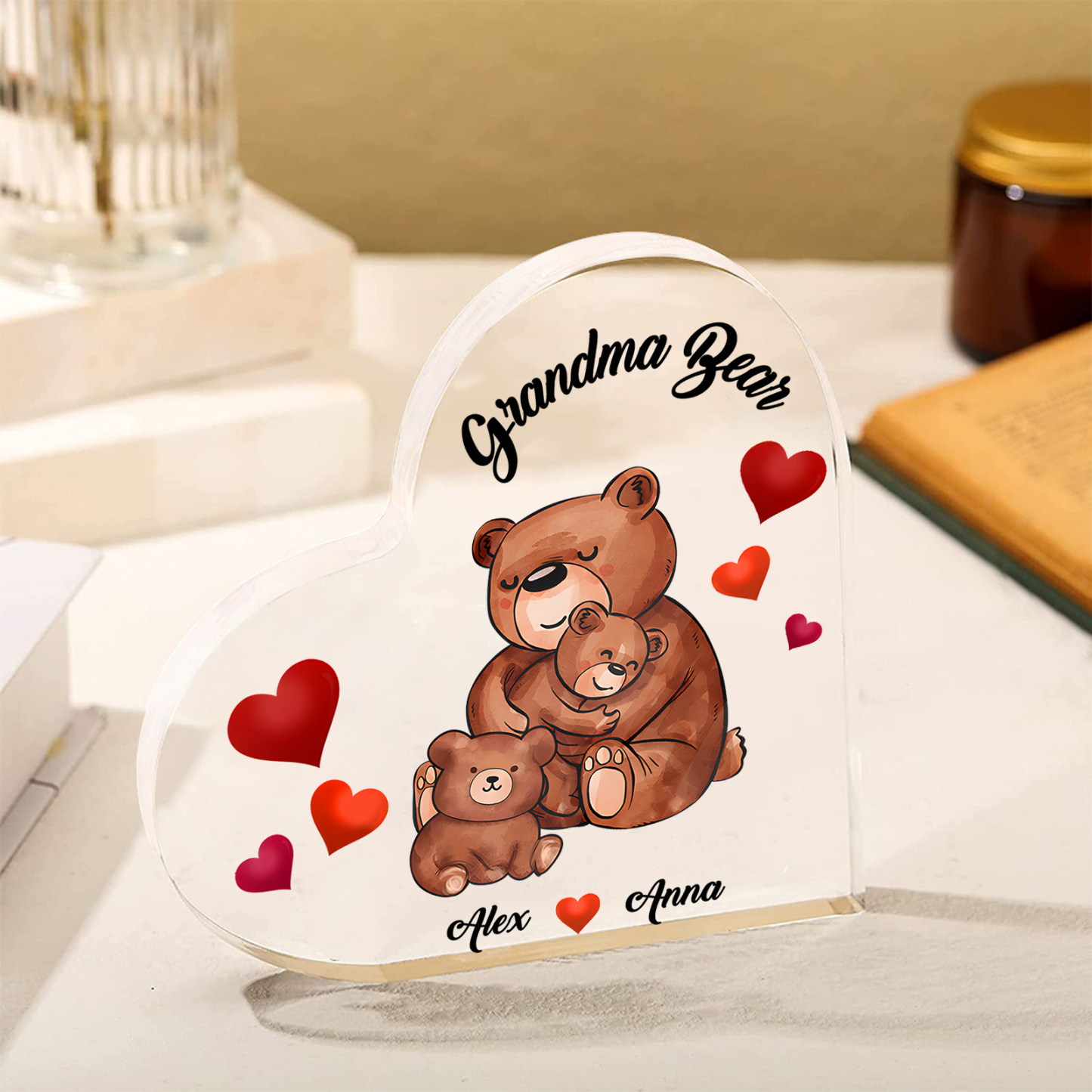 Personalised Heart-Shaped Acrylic Plaque Customizable with 2 Names and Text with Bear Design - For Nan | Jessmade