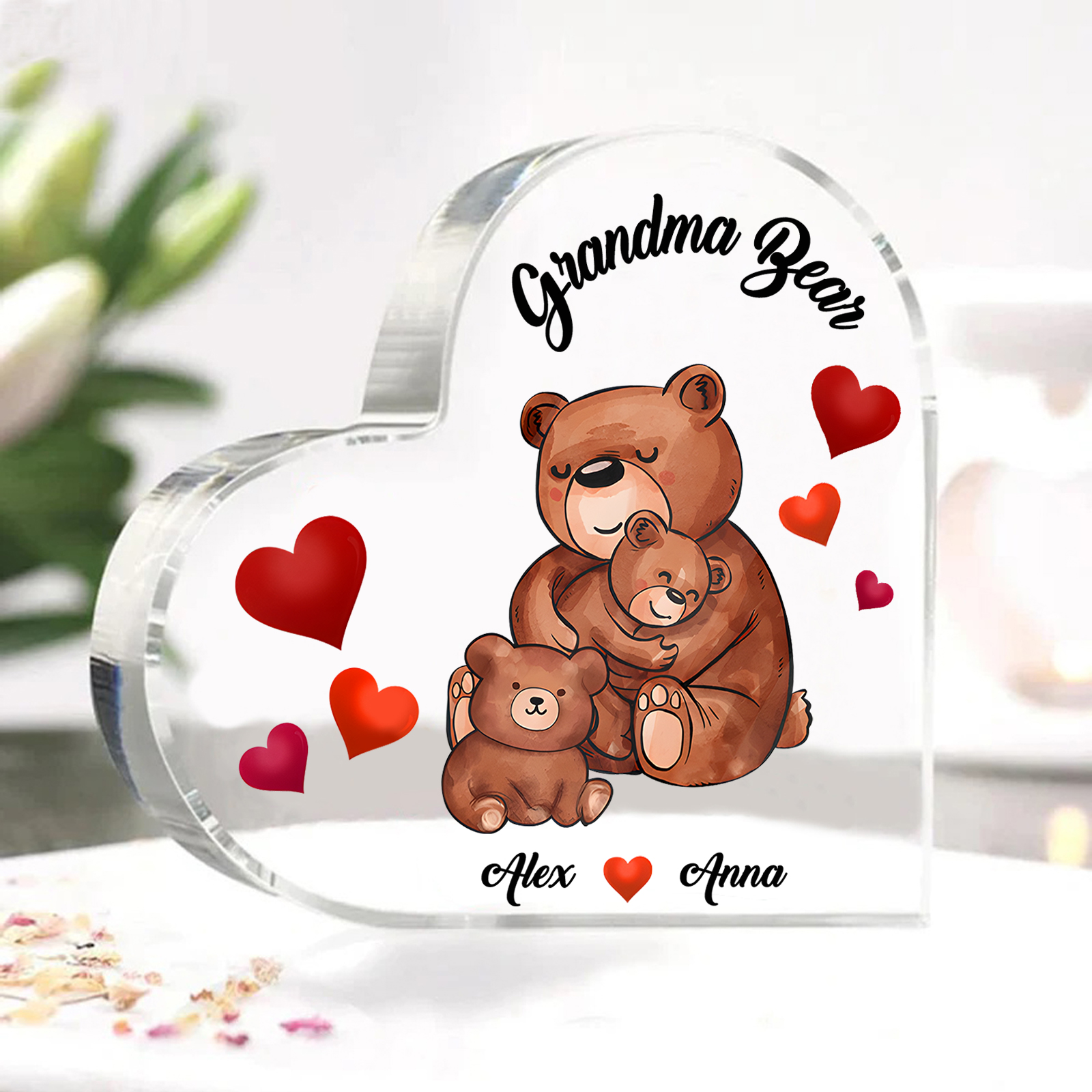 Personalised Heart-Shaped Acrylic Plaque Customizable with 2 Names and Text with Bear Design -  For Nan | Jessmade