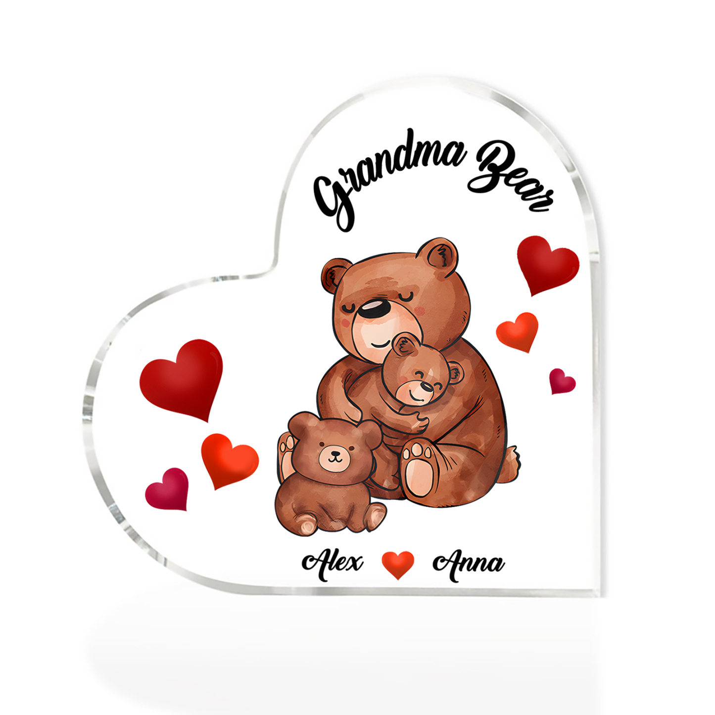 Personalised Heart-Shaped Acrylic Plaque Customizable with 2 Names and Text with Bear Design - For Nan | Jessmade