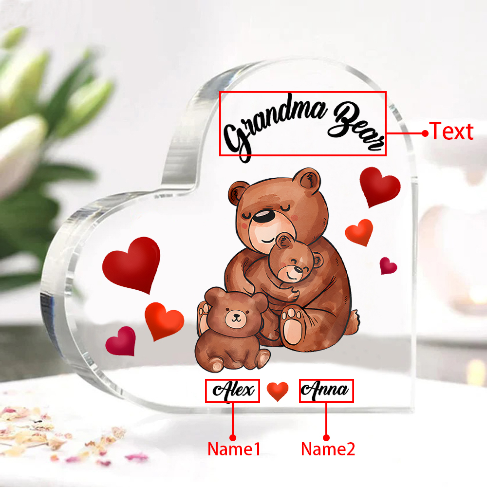 Personalised Heart-Shaped Acrylic Plaque Customizable with 2 Names and Text with Bear Design - For Nan | Jessmade