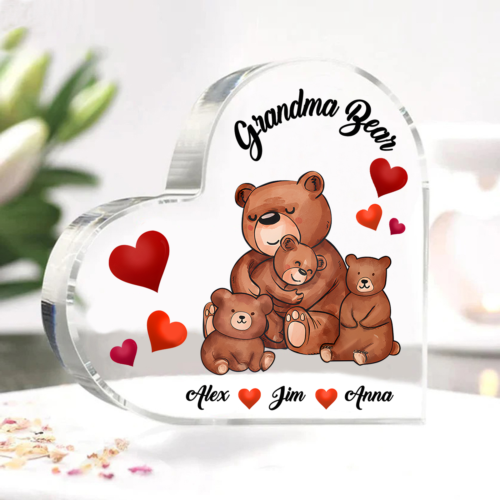 Personalised Heart-Shaped Acrylic Plaque Customizable with 3 Names and Text with Bear Design -  For Nan | Jessmade