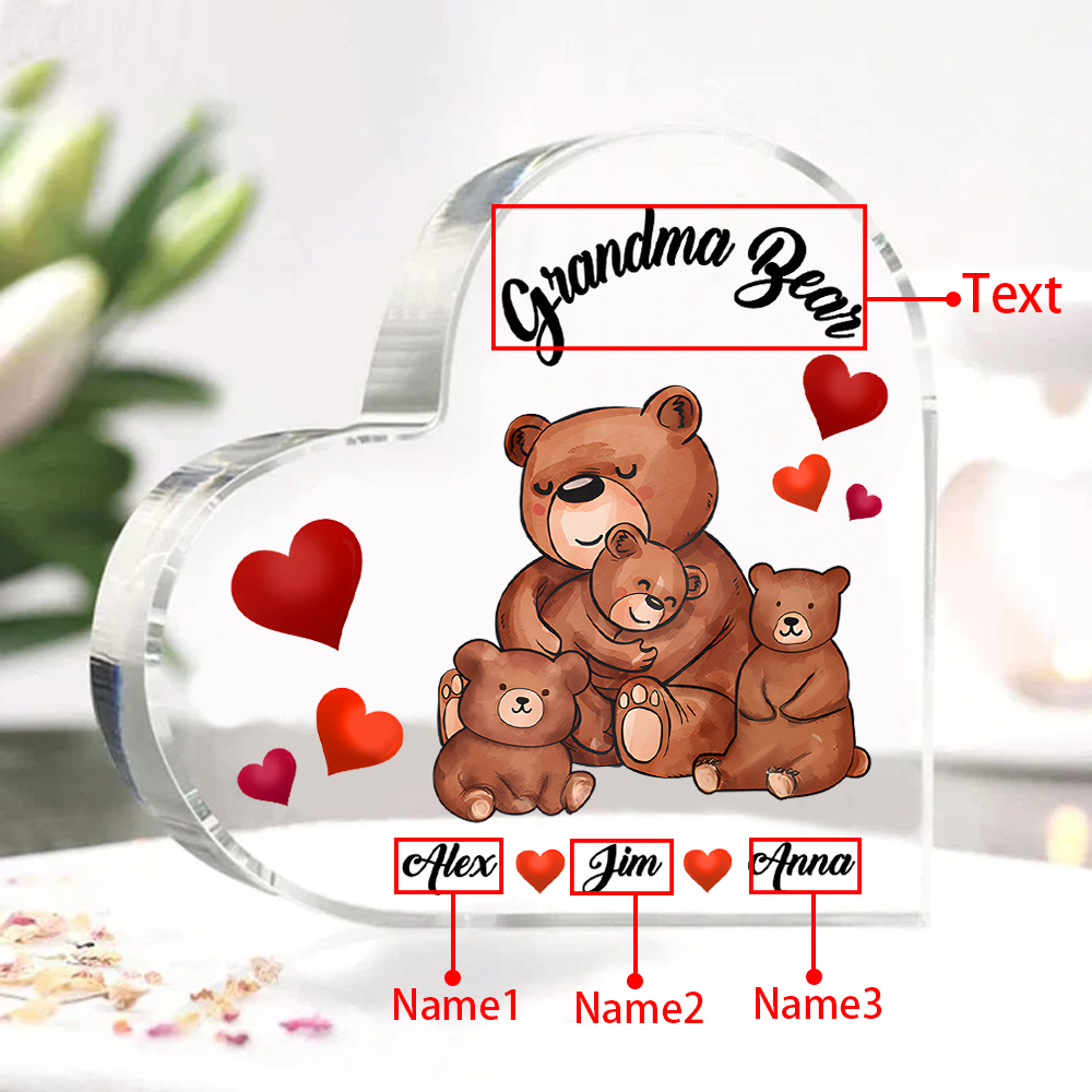 Personalised Heart-Shaped Acrylic Plaque Customizable with 3 Names and Text with Bear Design -  For Nan | Jessmade