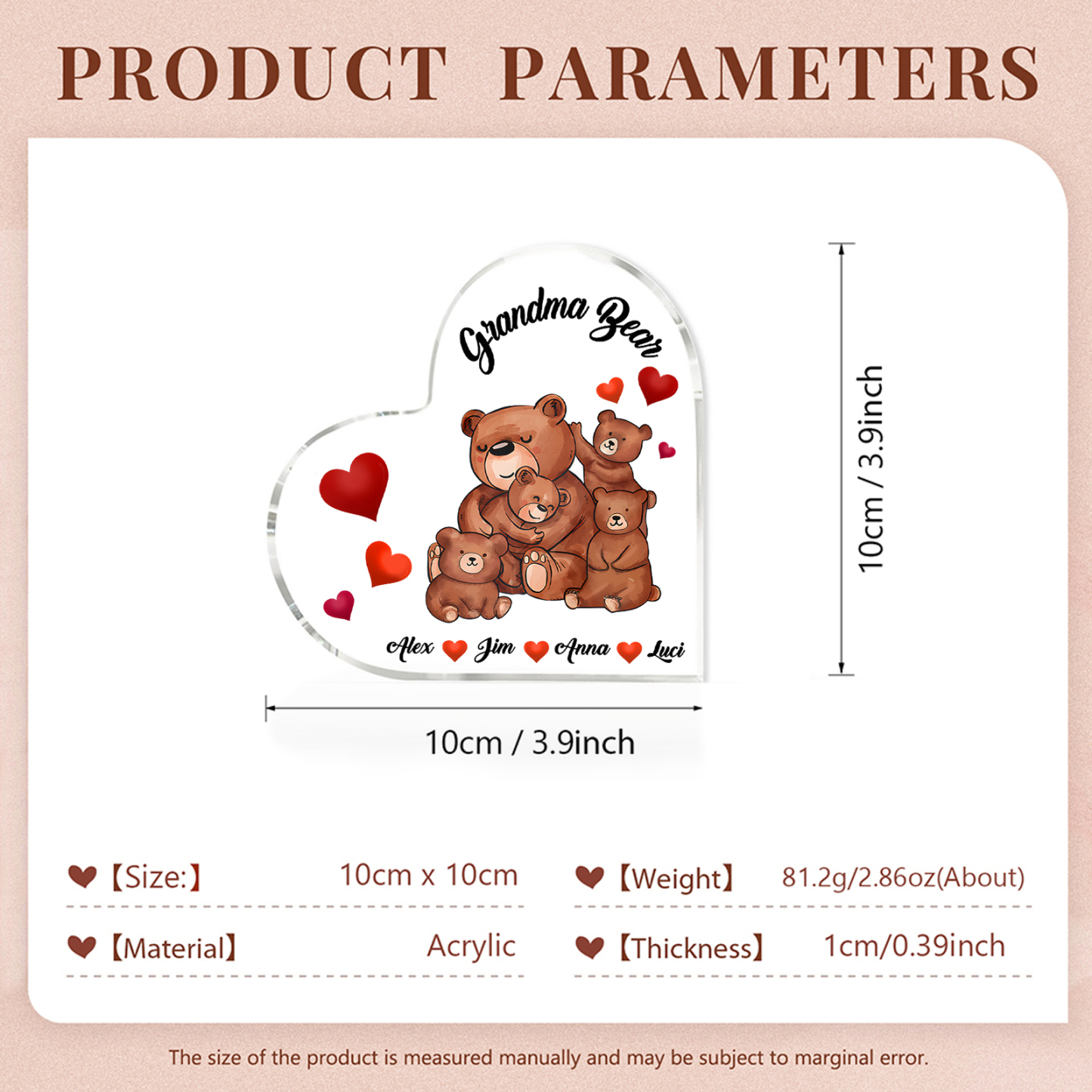 Personalised Heart-Shaped Acrylic Plaque Customizable with 4 Names and Text with Bear Design - For Nan | Jessmade
