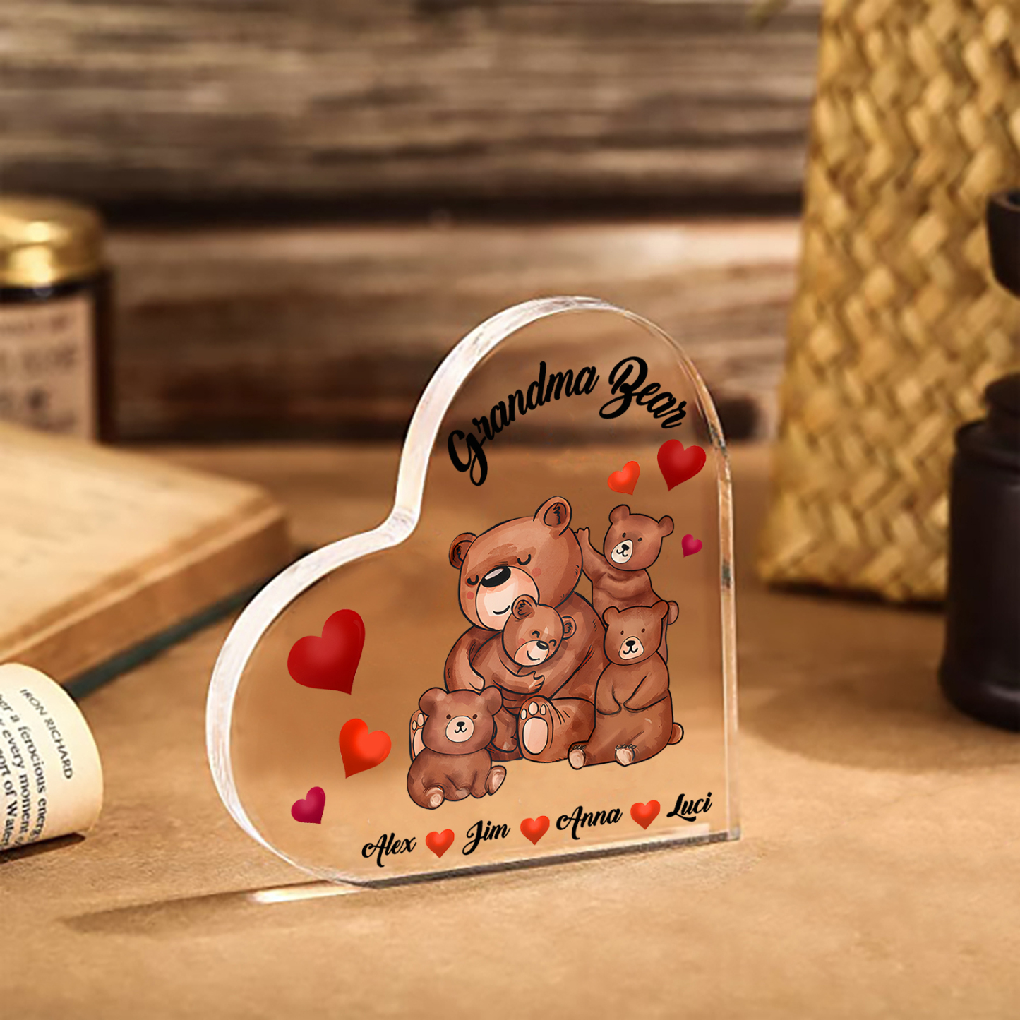 Personalised Heart-Shaped Acrylic Plaque Customizable with 4 Names and Text with Bear Design - For Nan | Jessmade