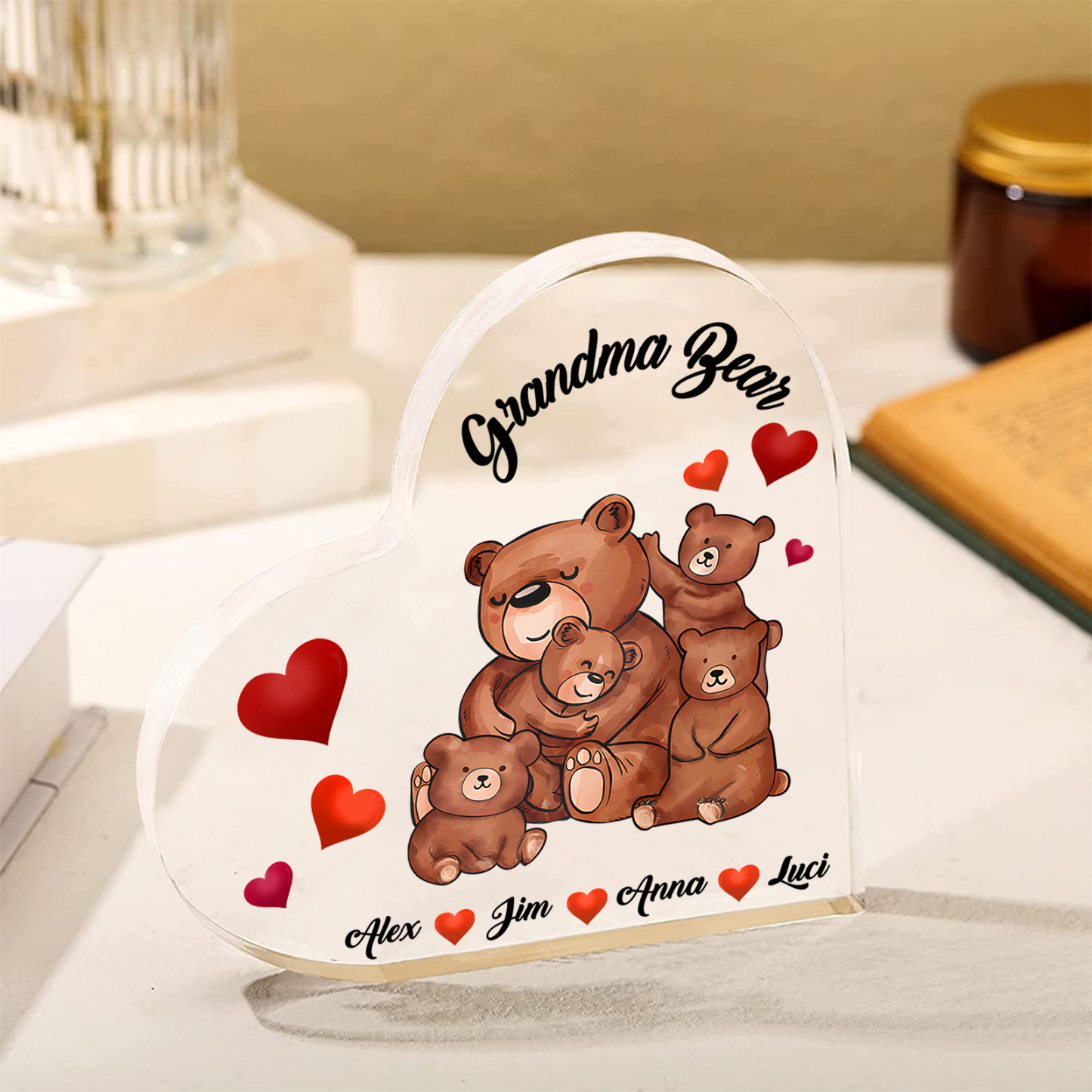 Personalised Heart-Shaped Acrylic Plaque Customizable with 4 Names and Text with Bear Design - For Nan | Jessmade