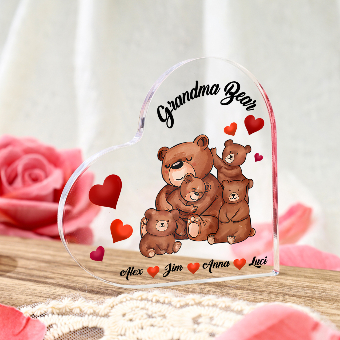 Personalised Heart-Shaped Acrylic Plaque Customizable with 4 Names and Text with Bear Design - For Nan | Jessmade